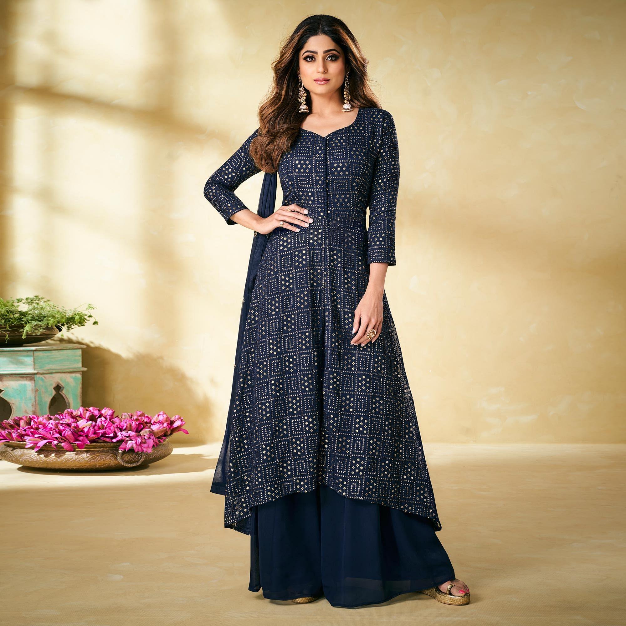 Navy Blue Partywear Embellished With Embroidered Georgette Palazzo Suit - Peachmode