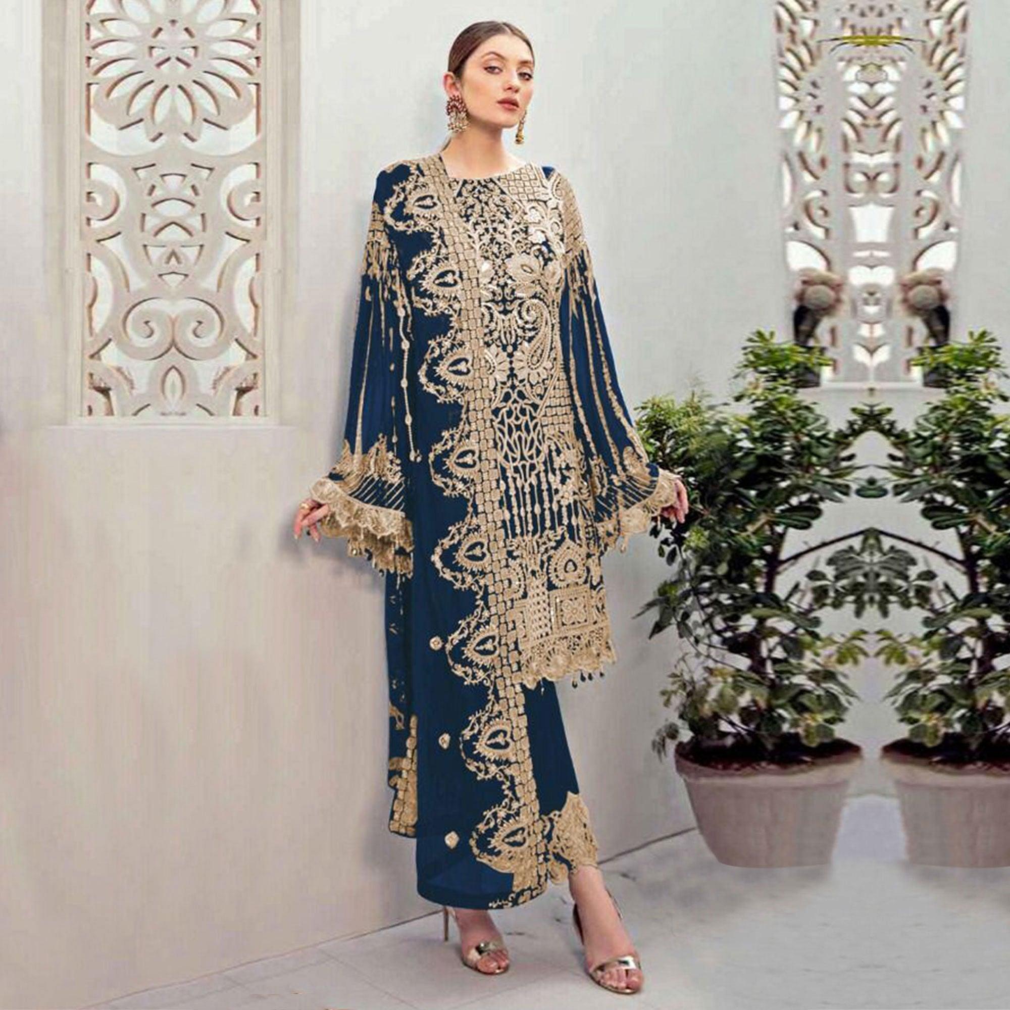 Navy Blue Partywear Embroidered Georgette Pakistani Suit - Peachmode