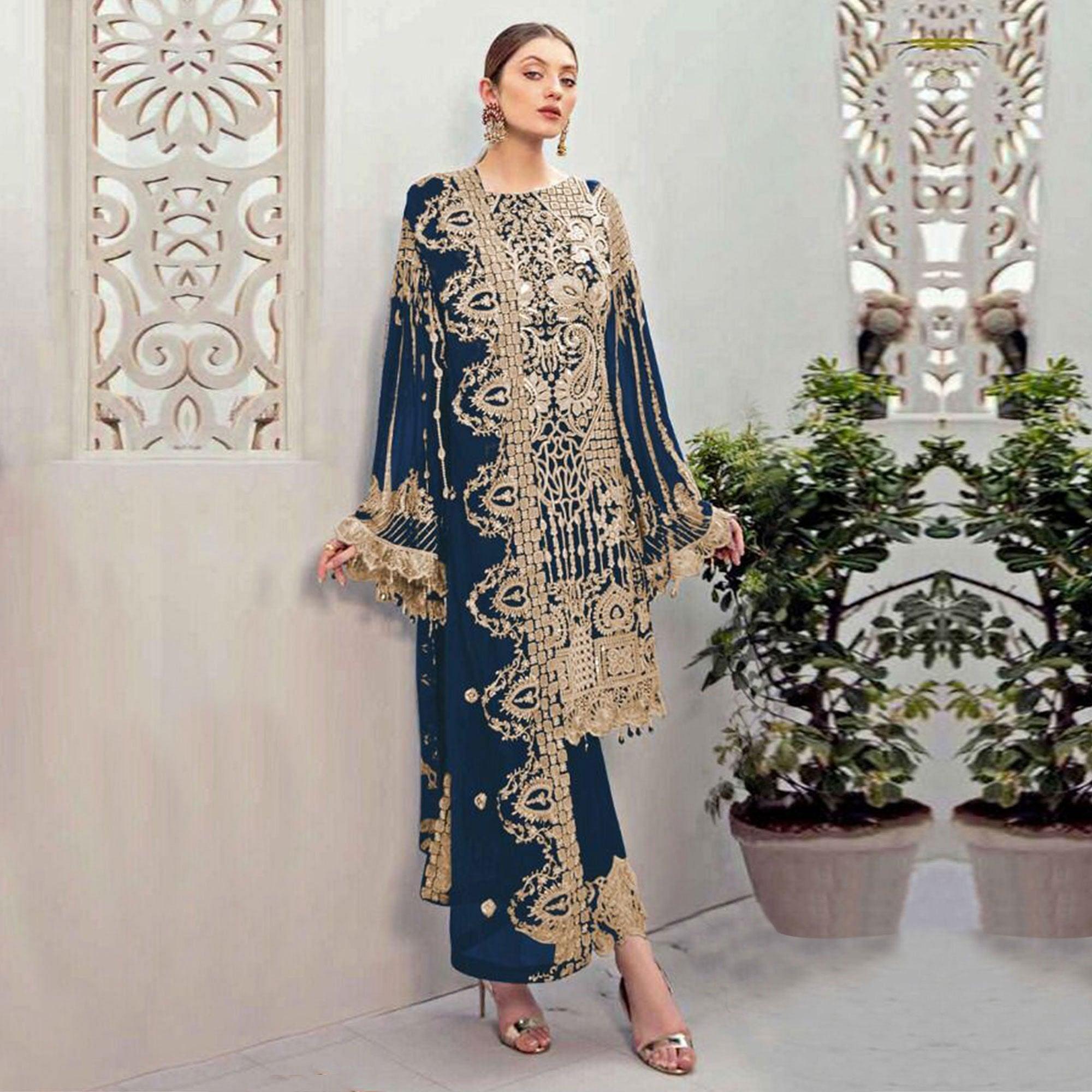 strapless open back dress Navy Blue Partywear Embroidered Georgette Pakistani Suit