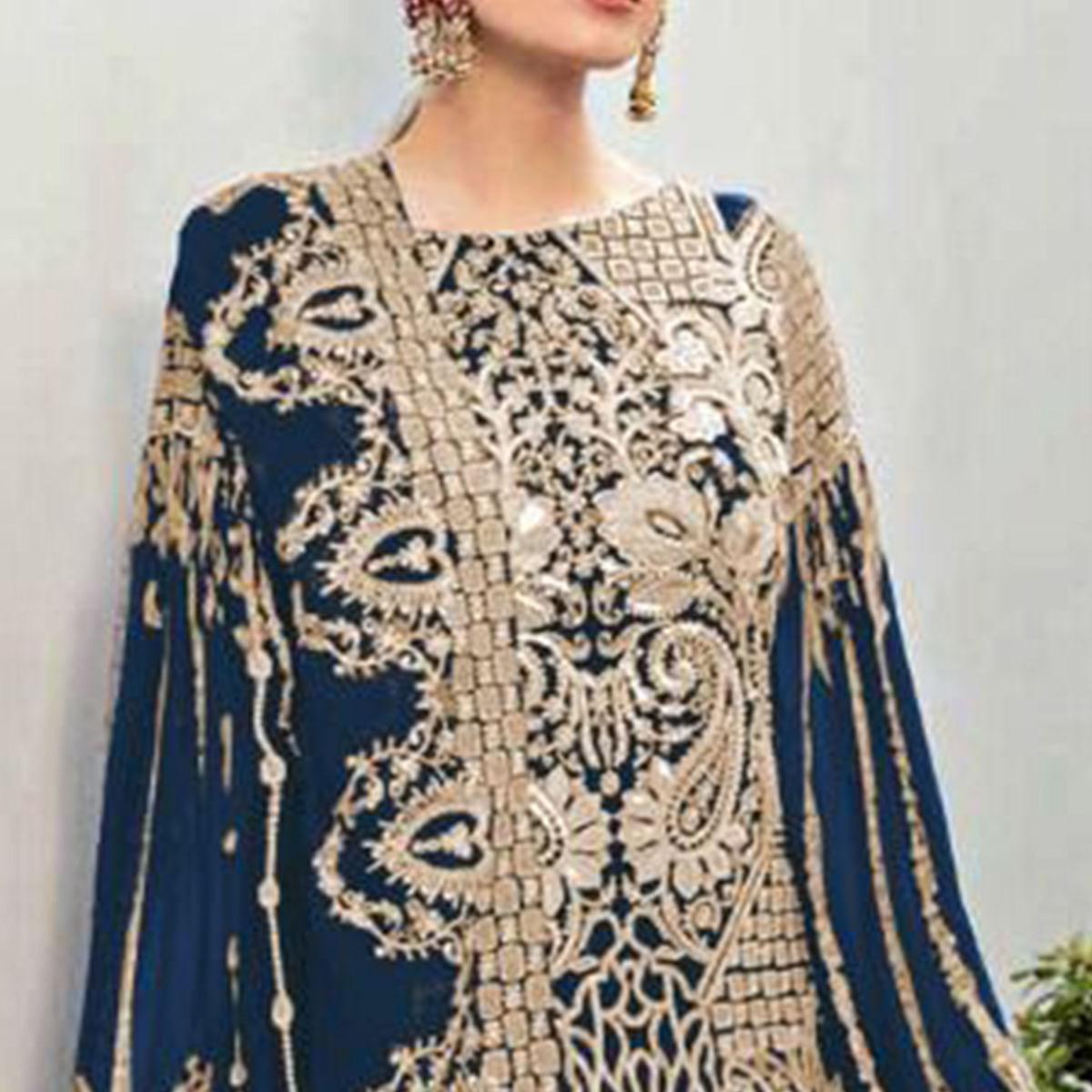 Navy Blue Partywear Embroidered Georgette Pakistani Suit - Peachmode