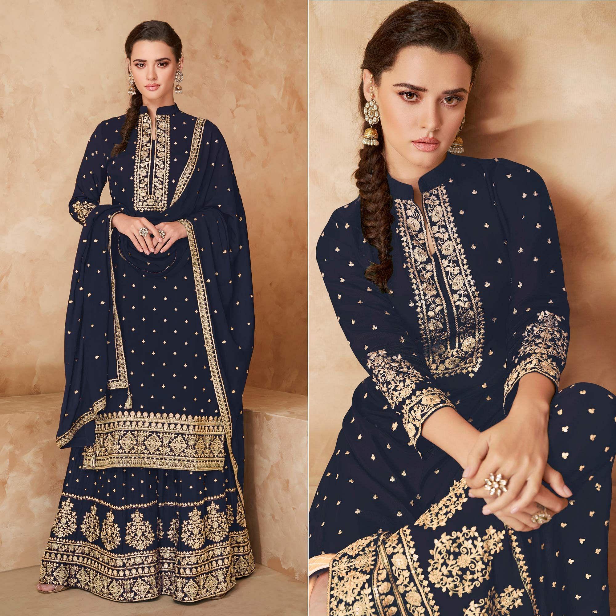 Navy Blue Partywear Embroidered Georgette Palazzo Suit - Peachmode