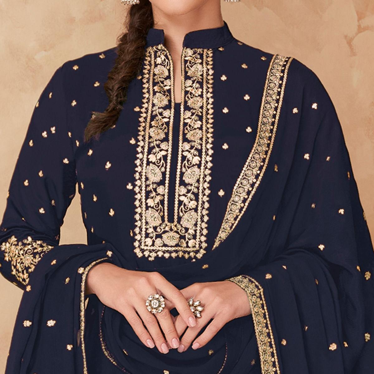 Navy Blue Partywear Embroidered Georgette Palazzo Suit - Peachmode