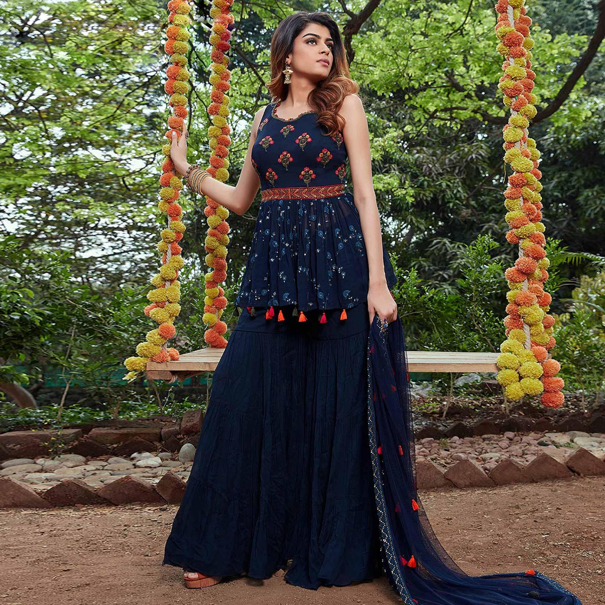 Navy Blue Partywear Embroidered Georgette Sharara Suit - Peachmode