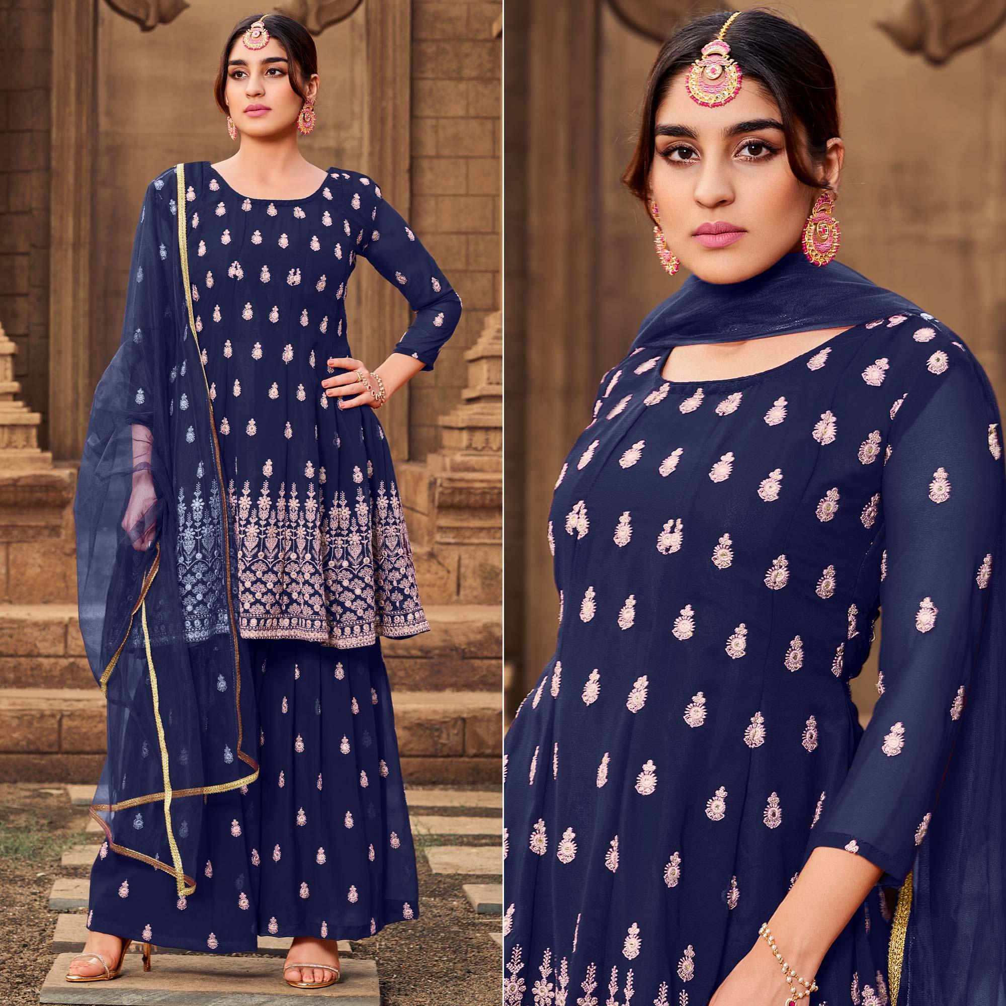 Navy Blue Partywear Embroidered Georgette Sharara Suit - Peachmode