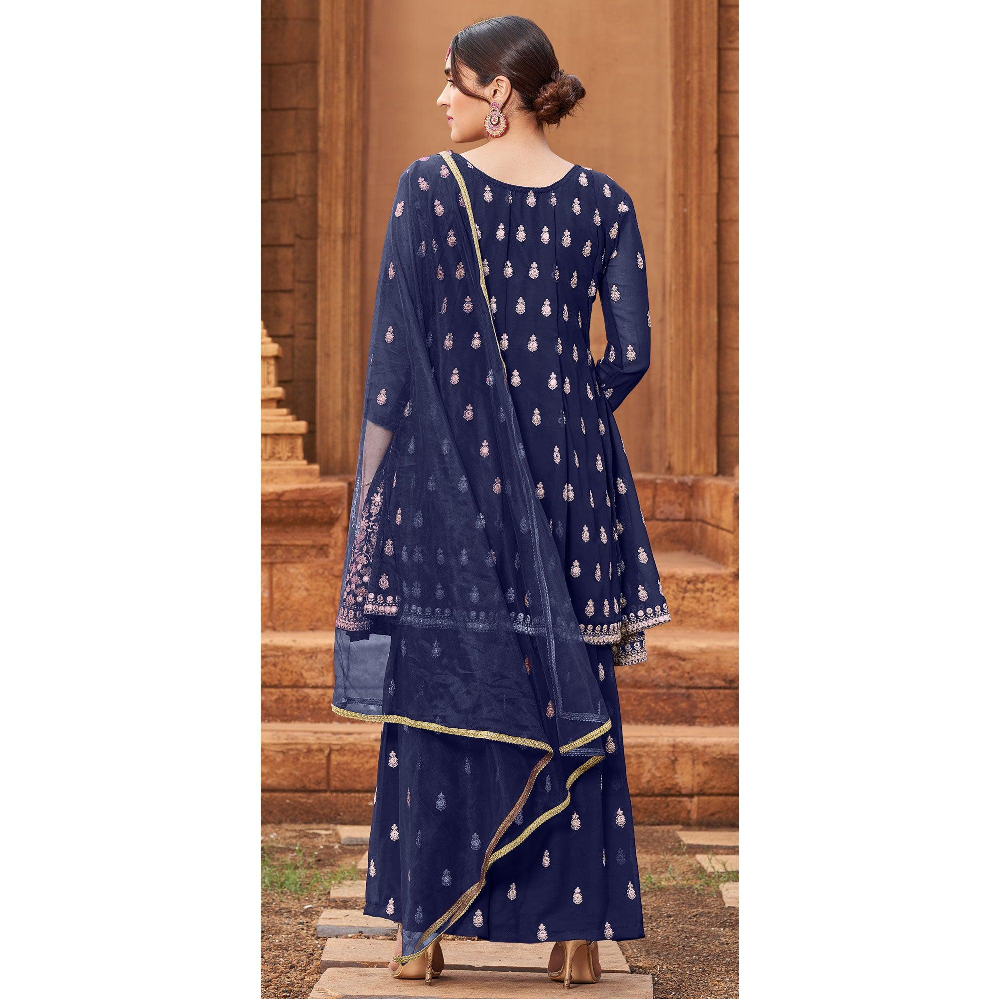 Navy Blue Partywear Embroidered Georgette Sharara Suit - Peachmode