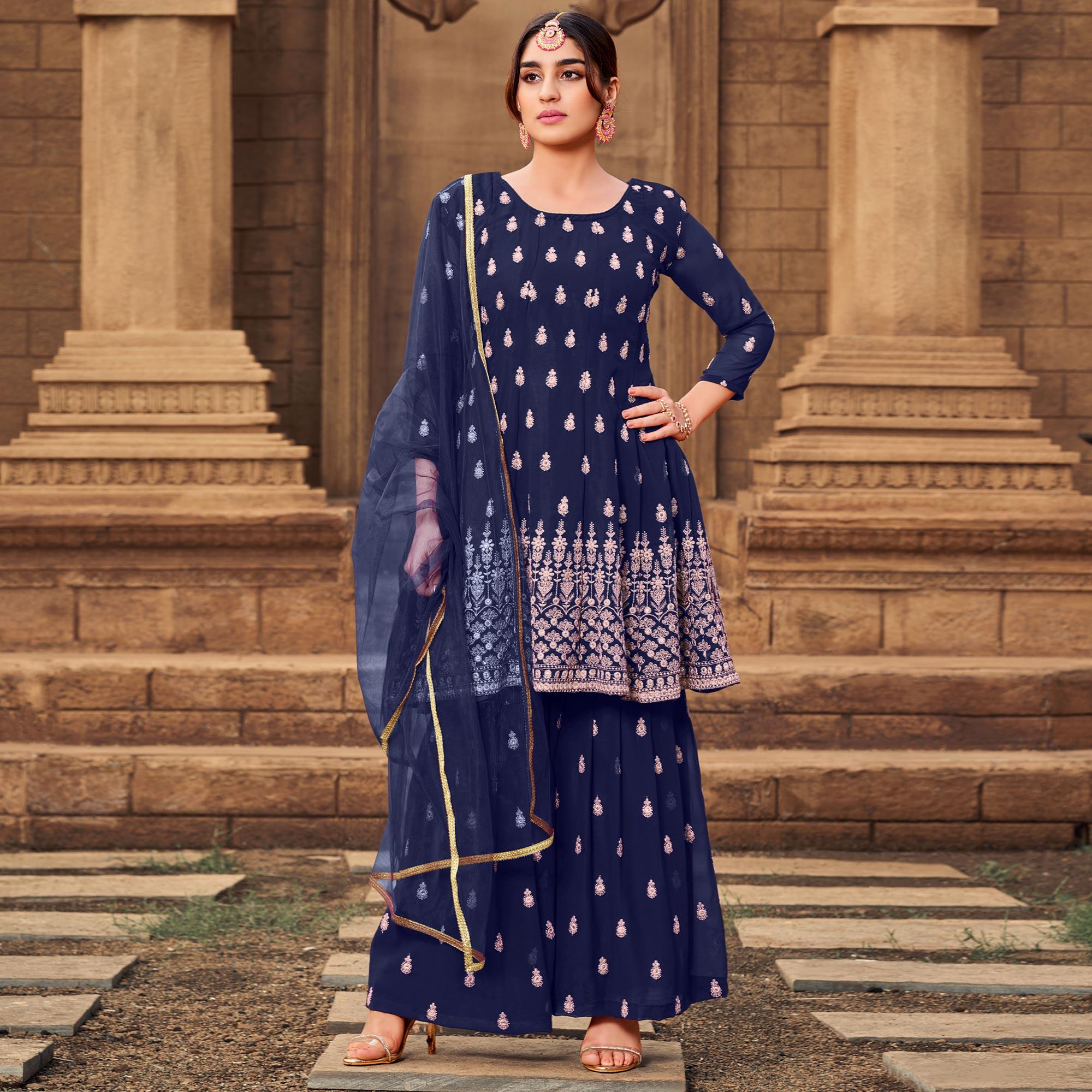 Navy Blue Partywear Embroidered Georgette Sharara Suit - Peachmode