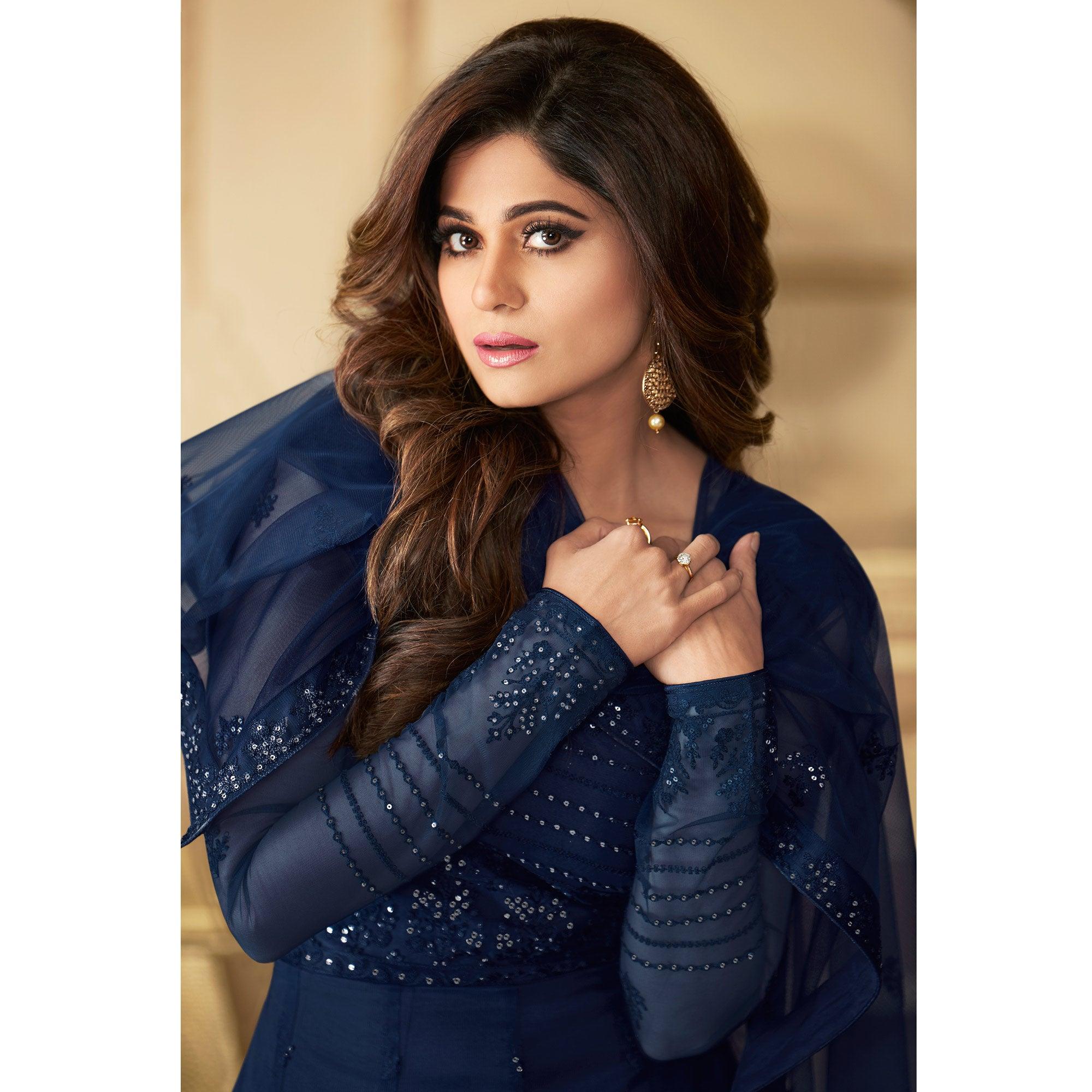 Navy Blue Partywear Embroidered Net Anarkali Suit - Peachmode