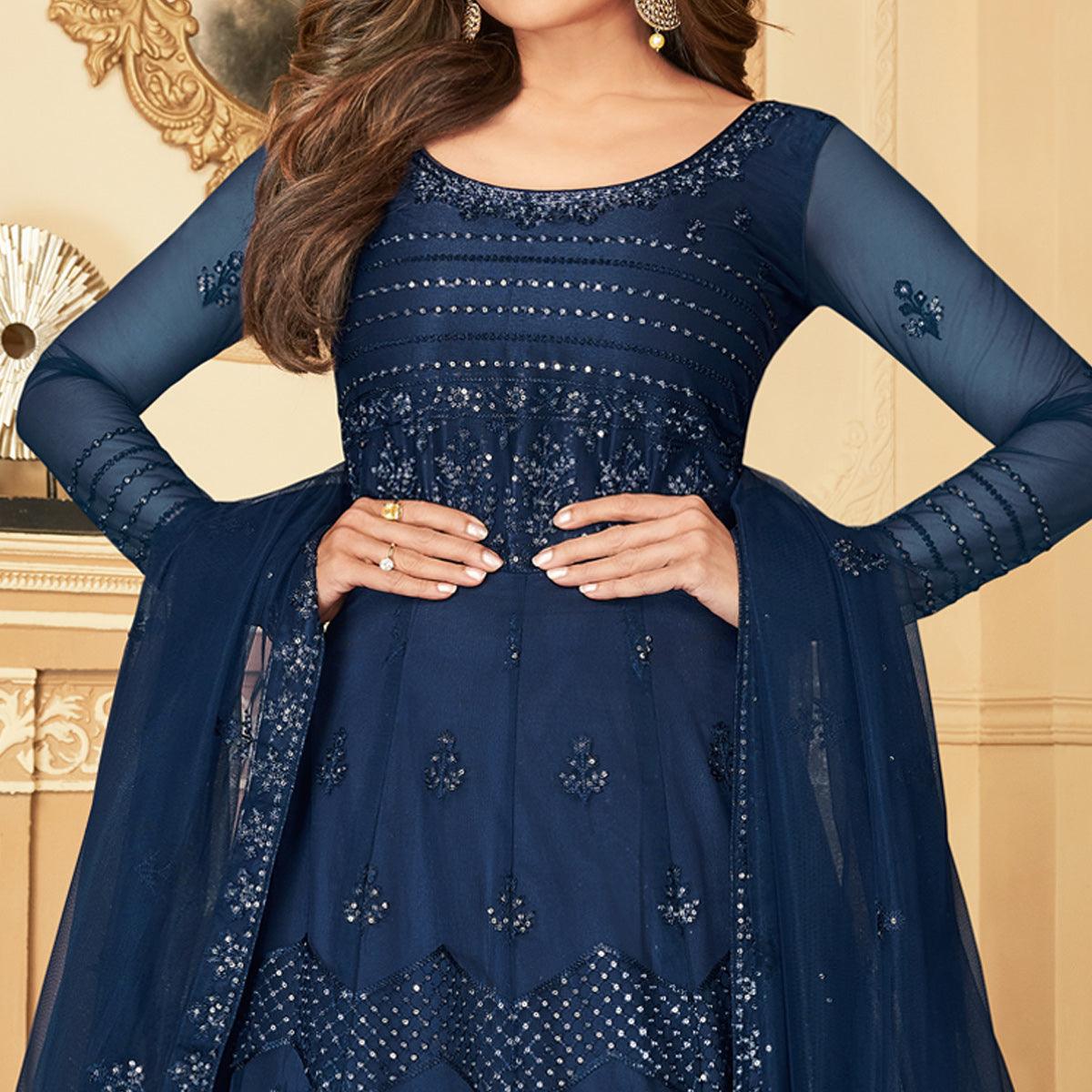 Navy Blue Partywear Embroidered Net Anarkali Suit - Peachmode