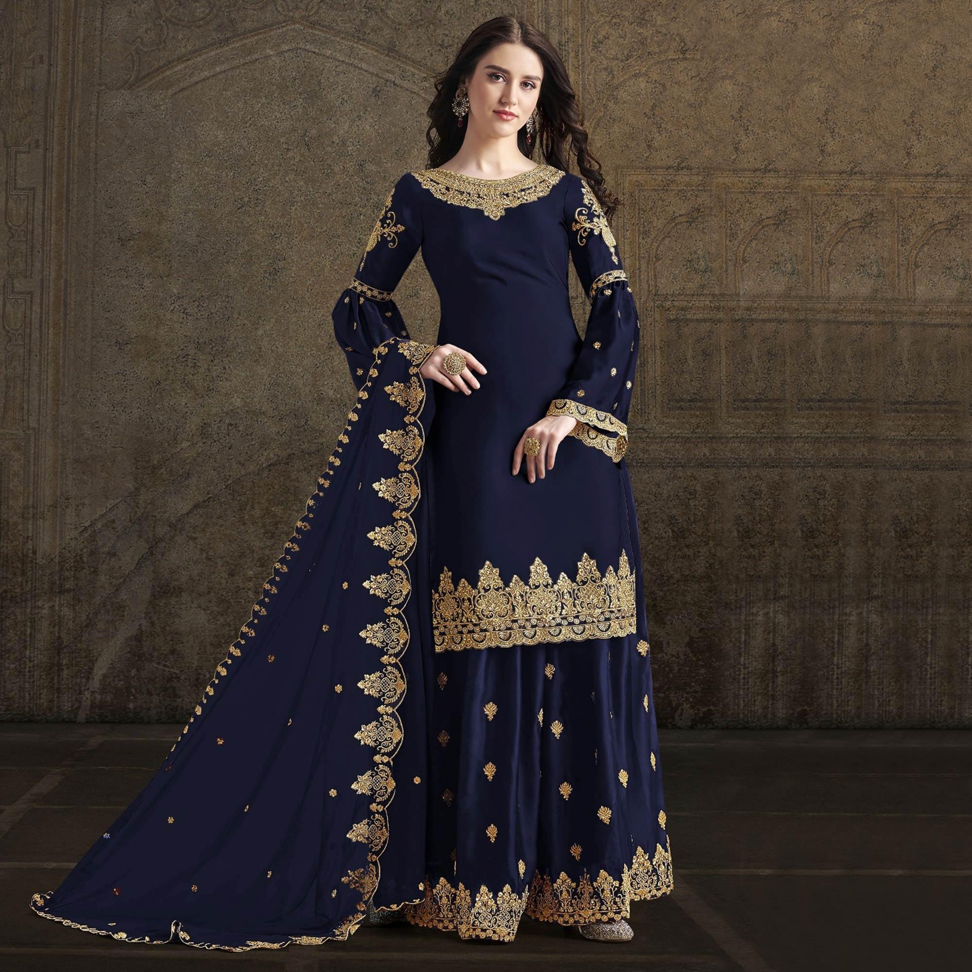 Navy Blue Partywear Embroidered Rangoli Georgette Palazzo Suit - Peachmode