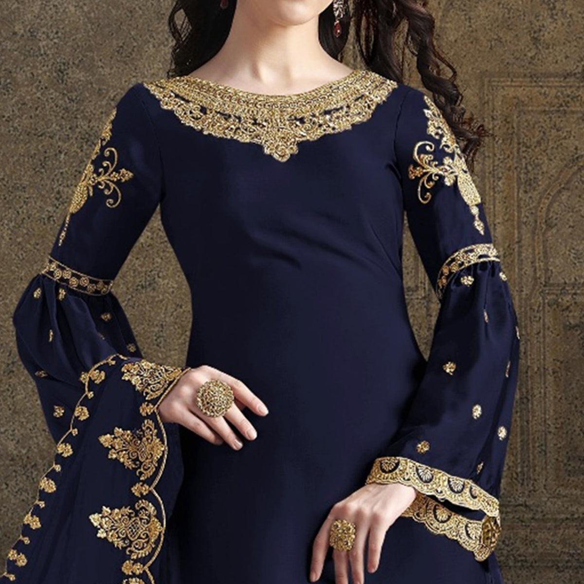 Navy Blue Partywear Embroidered Rangoli Georgette Palazzo Suit - Peachmode