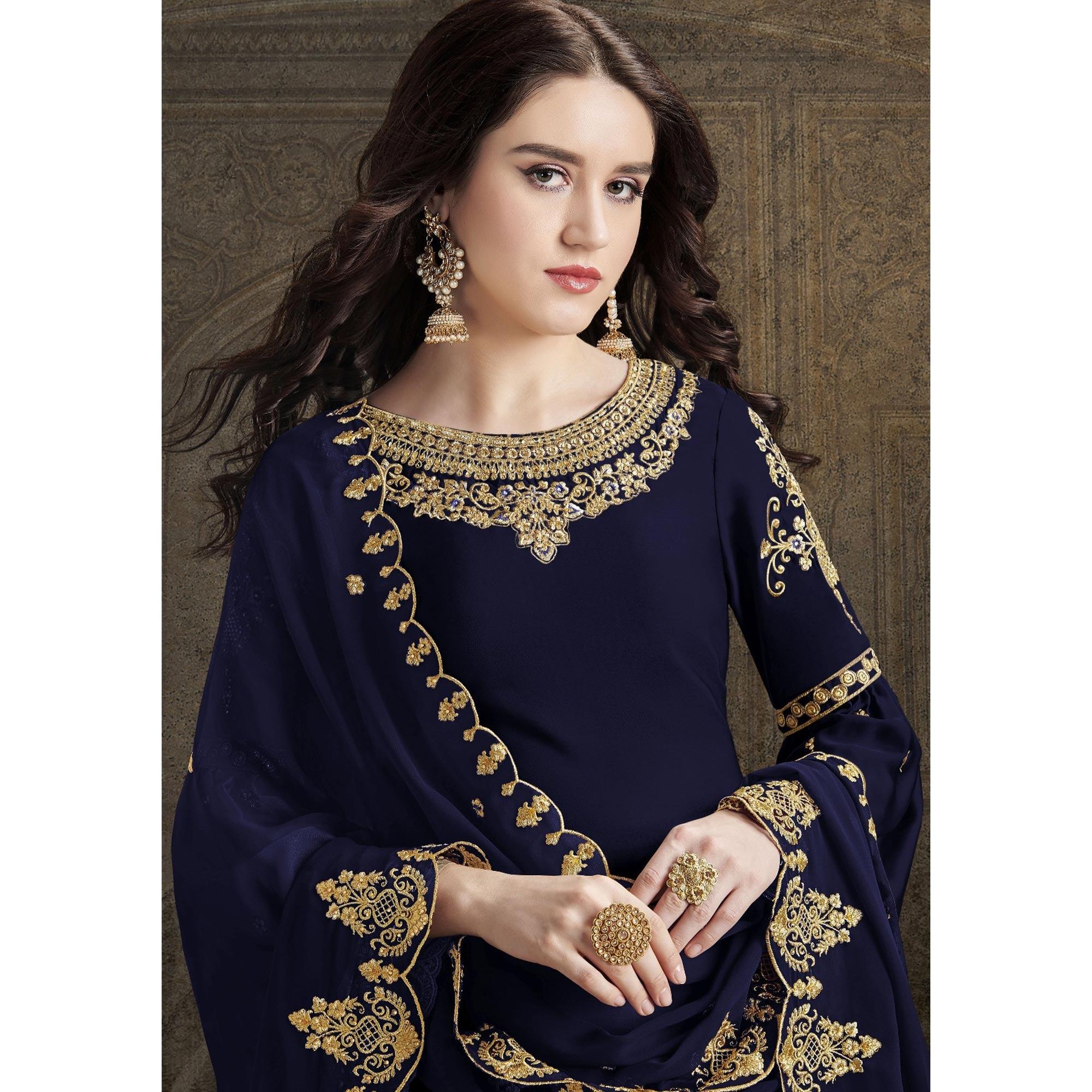 Navy Blue Partywear Embroidered Rangoli Georgette Palazzo Suit - Peachmode