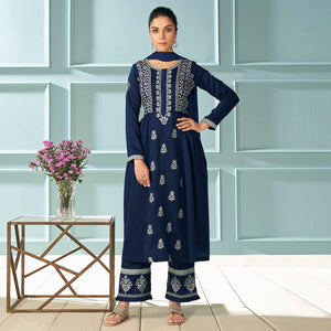 Navy Blue Partywear Embroidered Rayon Palazzo Suit - Peachmode