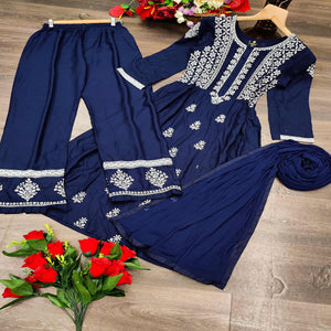Navy Blue Partywear Embroidered Rayon Palazzo Suit - Peachmode