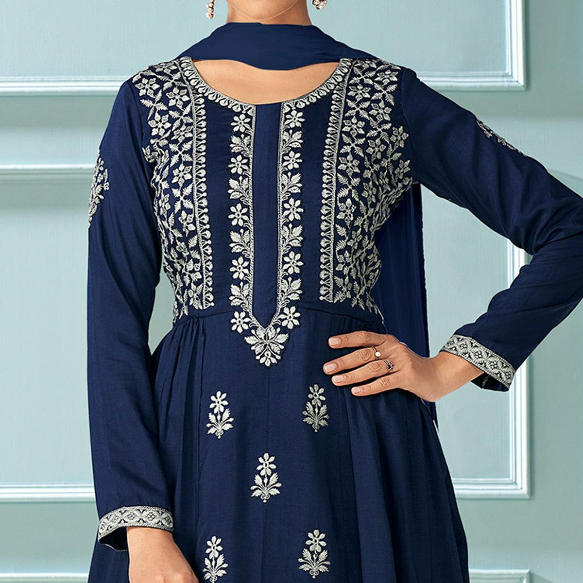 Navy Blue Partywear Embroidered Rayon Palazzo Suit - Peachmode
