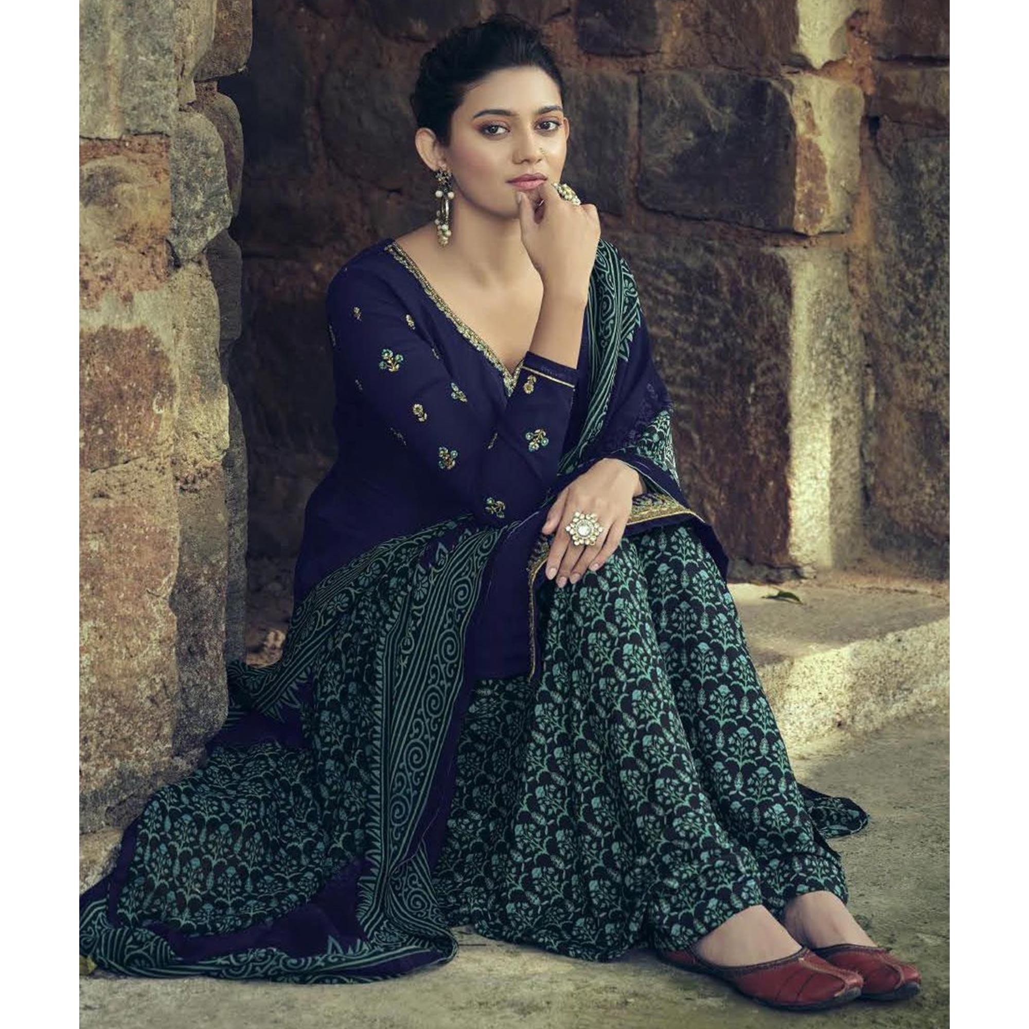Navy Blue Partywear Embroidered Royal French Crepe Patiala Suit - Peachmode