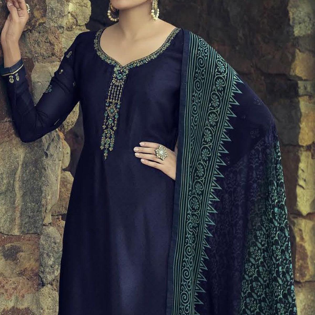 Navy Blue Partywear Embroidered Royal French Crepe Patiala Suit - Peachmode