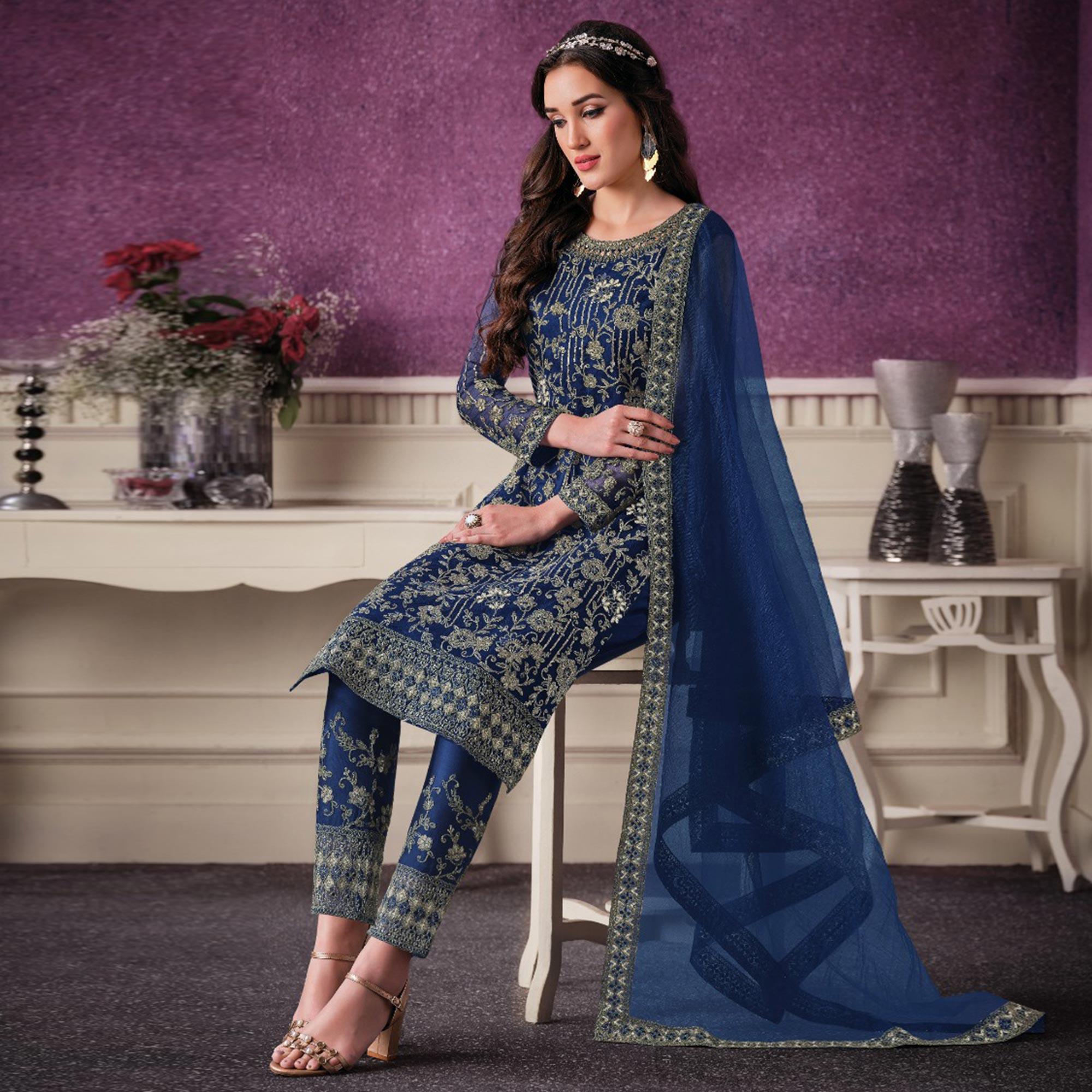 Navy Blue Partywear Embroidered Soft Net Suit - Peachmode