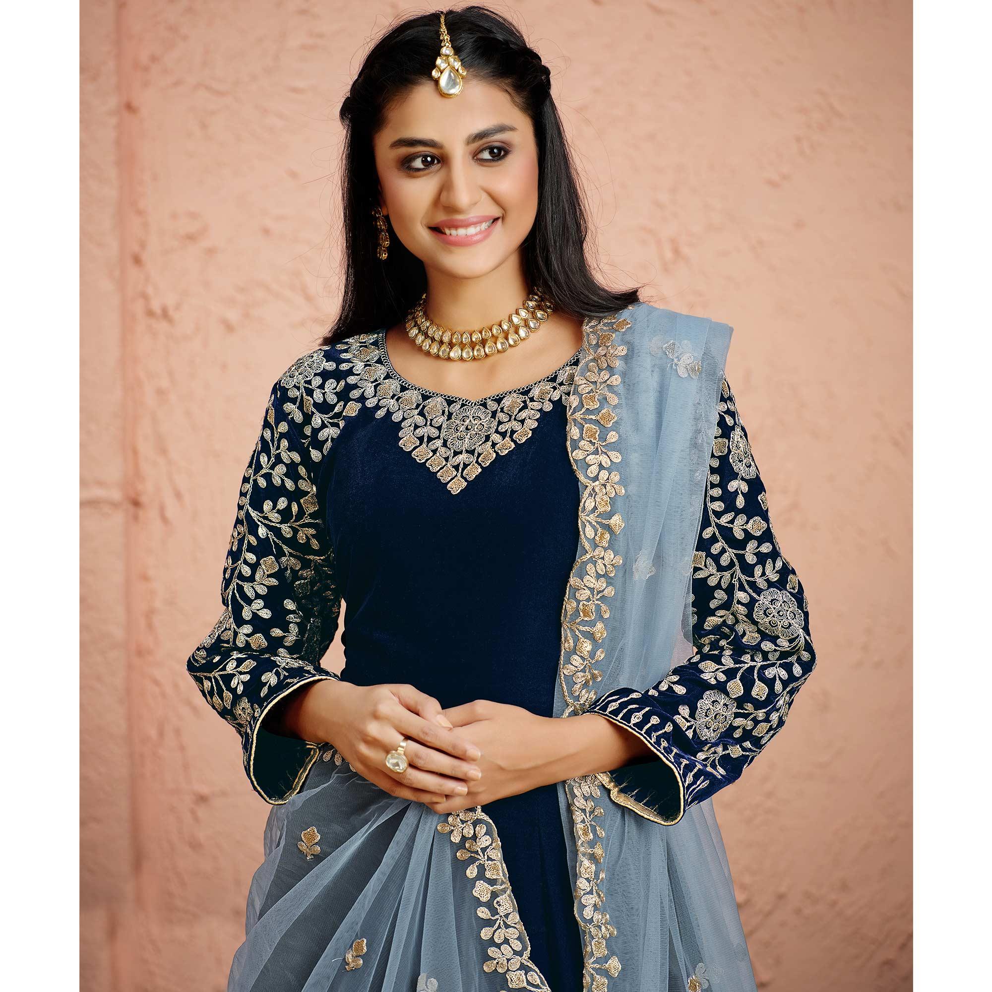 Navy Blue Partywear Embroidered Velvet Anarkali Suit - Peachmode
