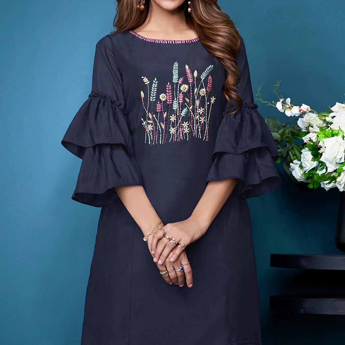 Navy Blue Partywear Floral Embroidered Handwork Silk Kurti Palazzo Set - Peachmode
