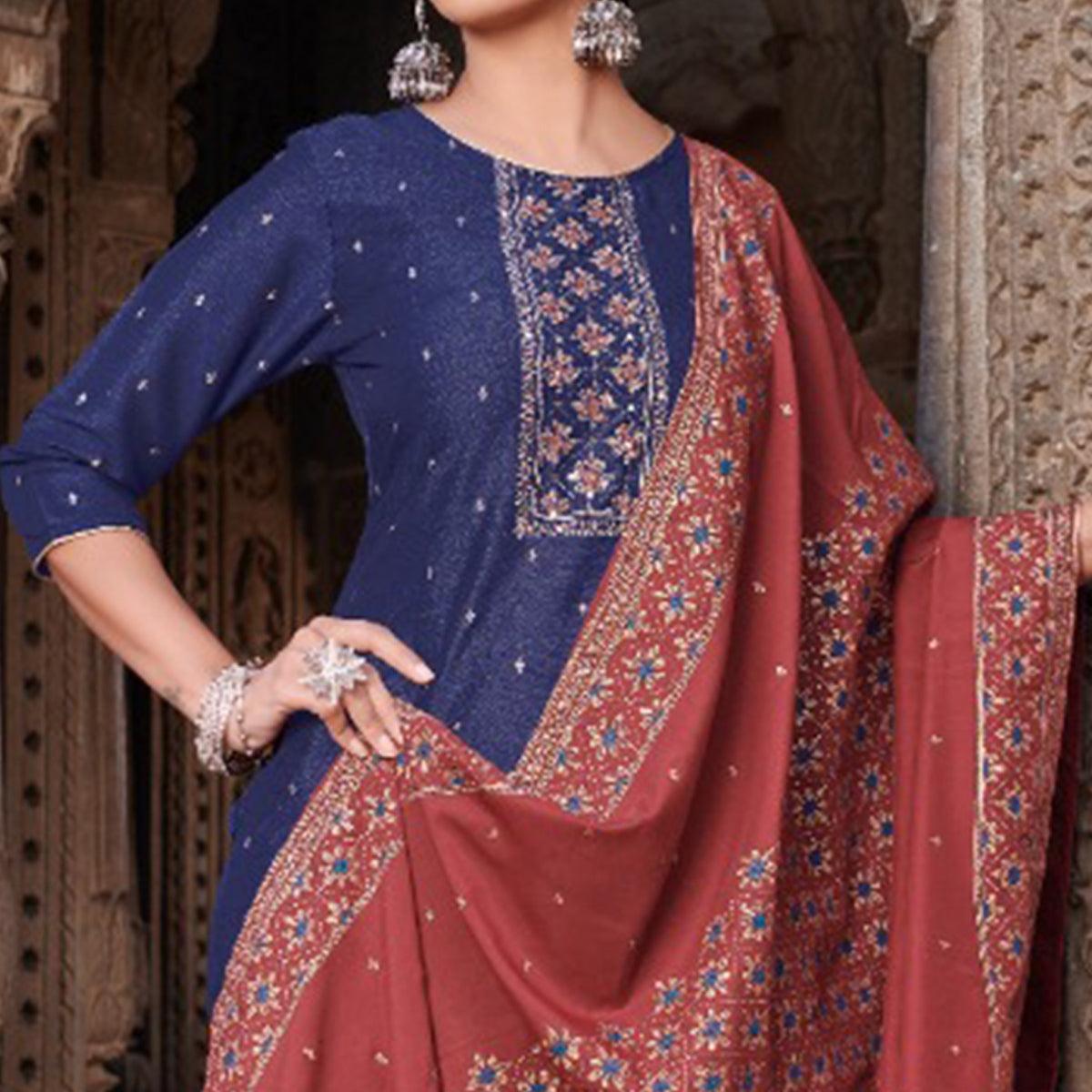 Navy Blue Partywear Foil Print With Embroidered Cotton Silk Suit - Peachmode