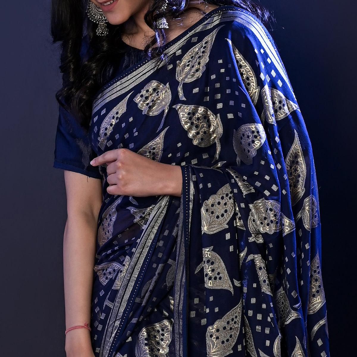 Navy Blue Partywear Foil Printed Diamond Lace Brasso Saree - Peachmode