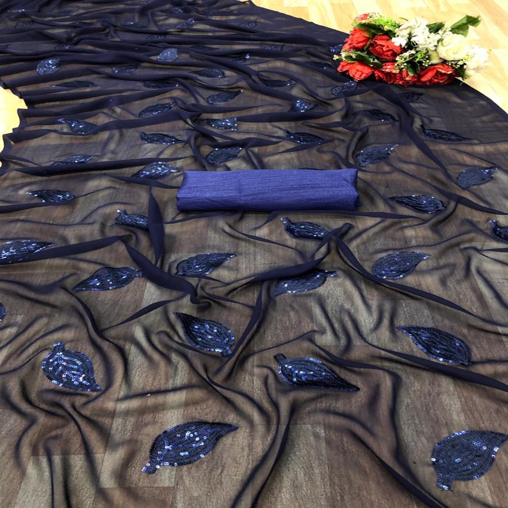 Navy Blue Partywear Leaf Sequence Georgette Saree - Peachmode