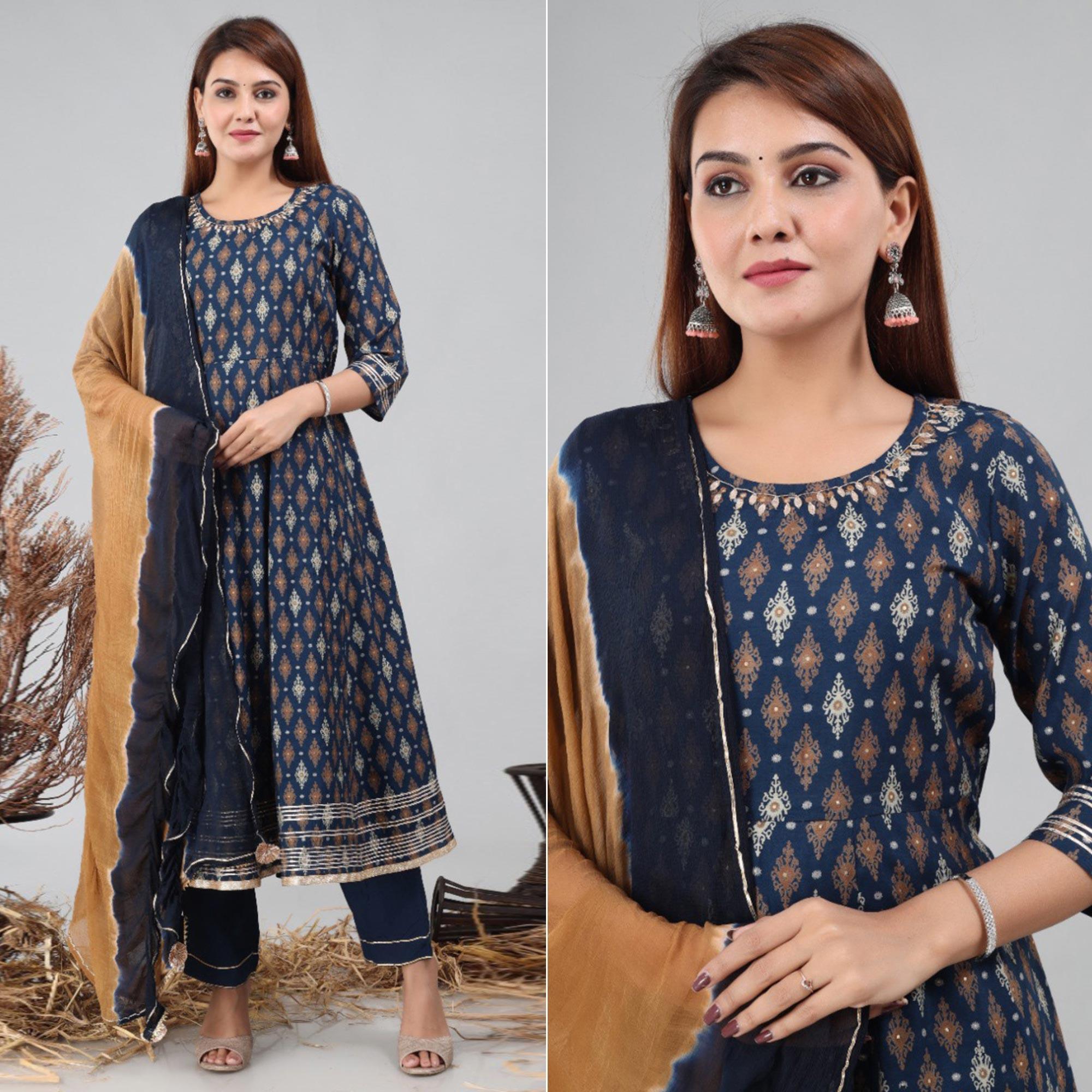 Navy Blue Partywear Printed With Gota Patti Cotton Anarkali Suit - Peachmode