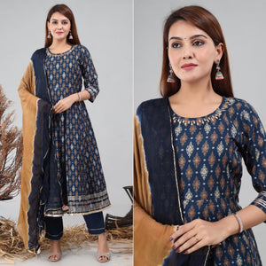 Navy Blue Partywear Printed With Gota Patti Cotton Anarkali Suit - Peachmode