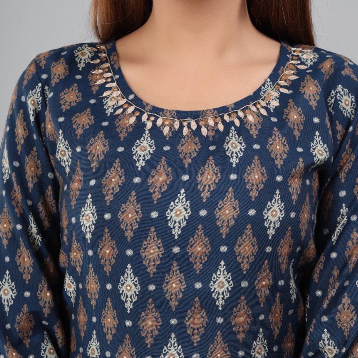 Navy Blue Partywear Printed With Gota Patti Cotton Anarkali Suit - Peachmode