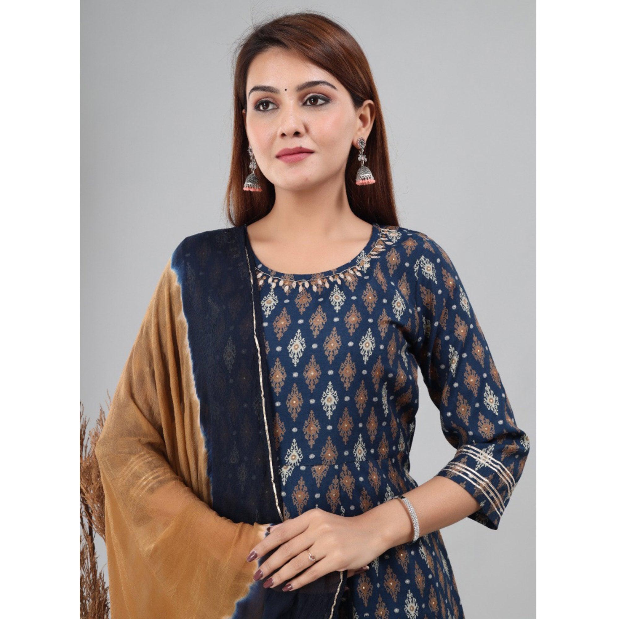 Navy Blue Partywear Printed With Gota Patti Cotton Anarkali Suit - Peachmode