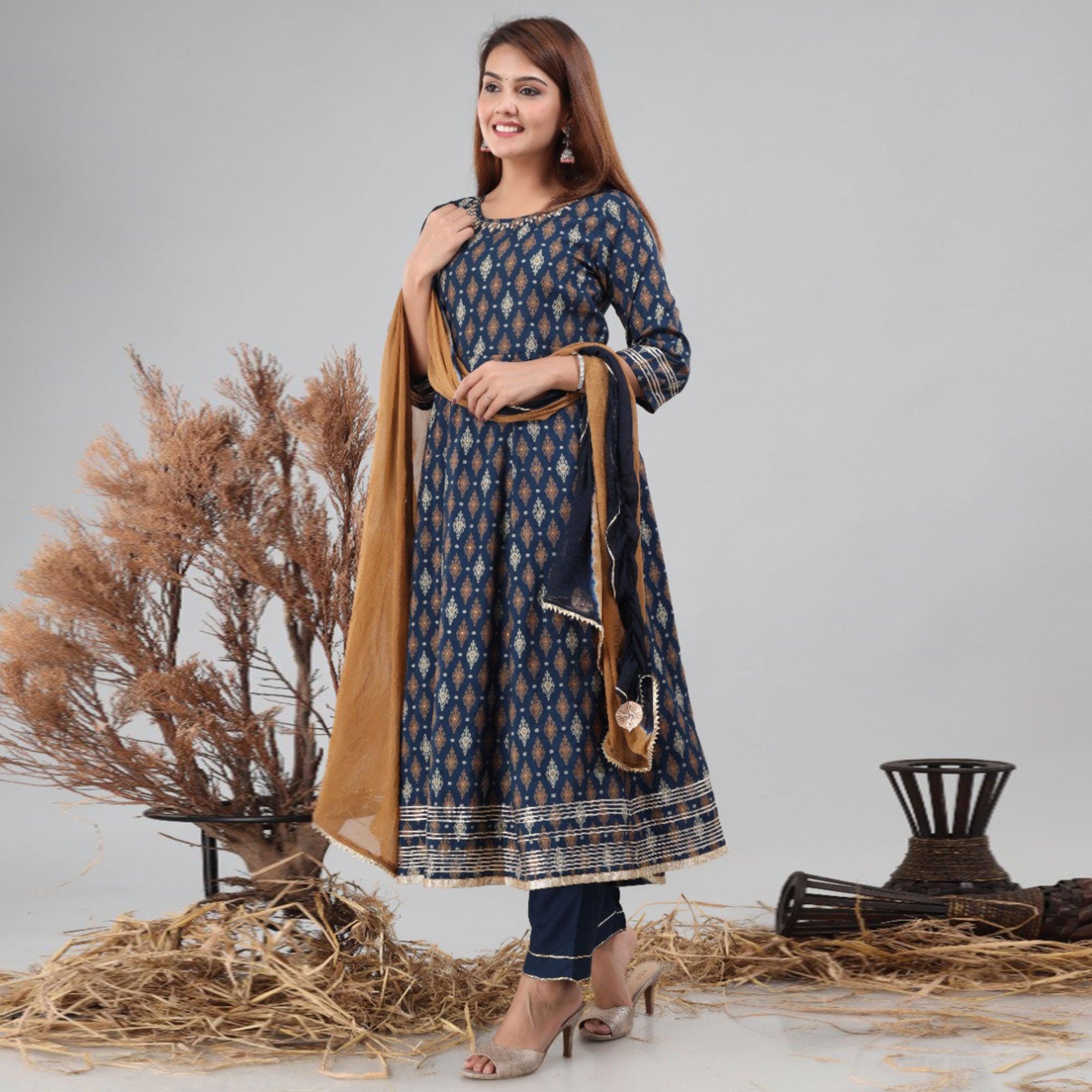 Navy Blue Partywear Printed With Gota Patti Cotton Anarkali Suit - Peachmode