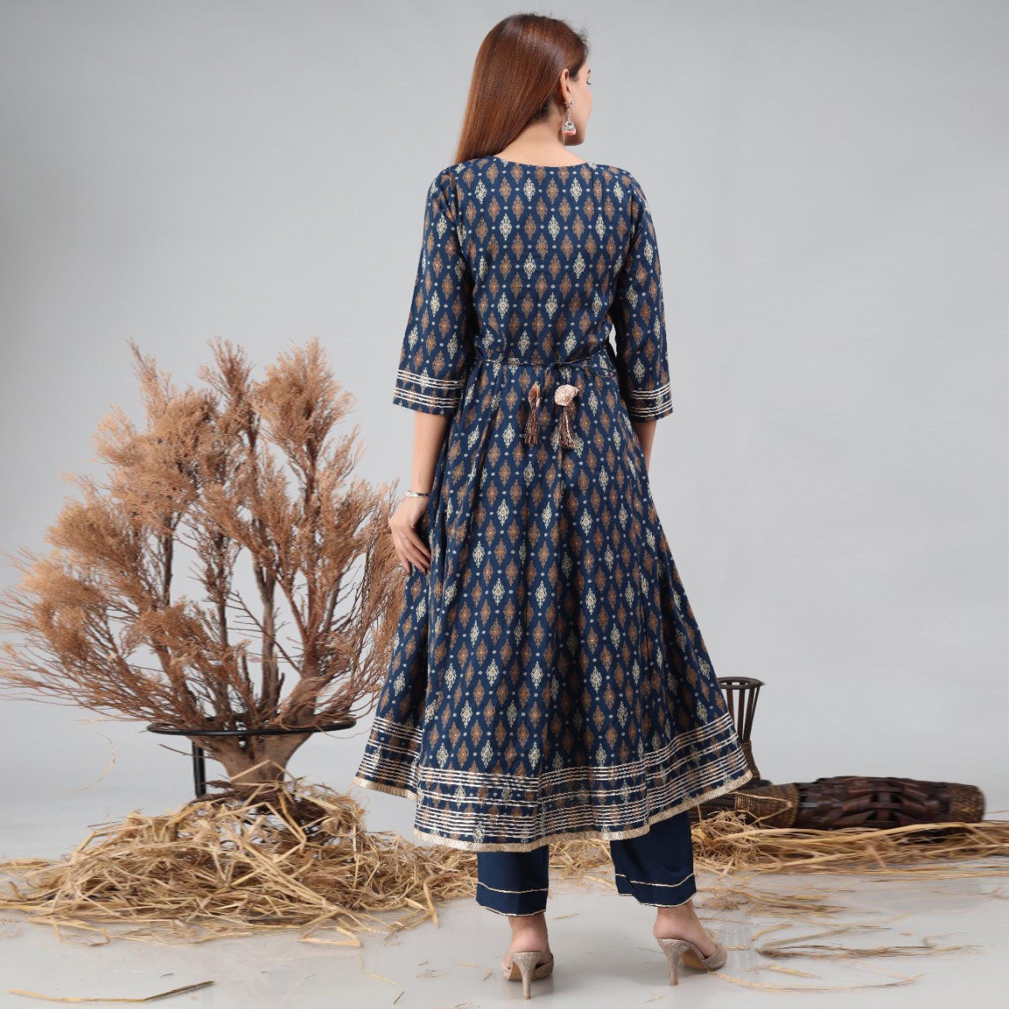Navy Blue Partywear Printed With Gota Patti Cotton Anarkali Suit - Peachmode