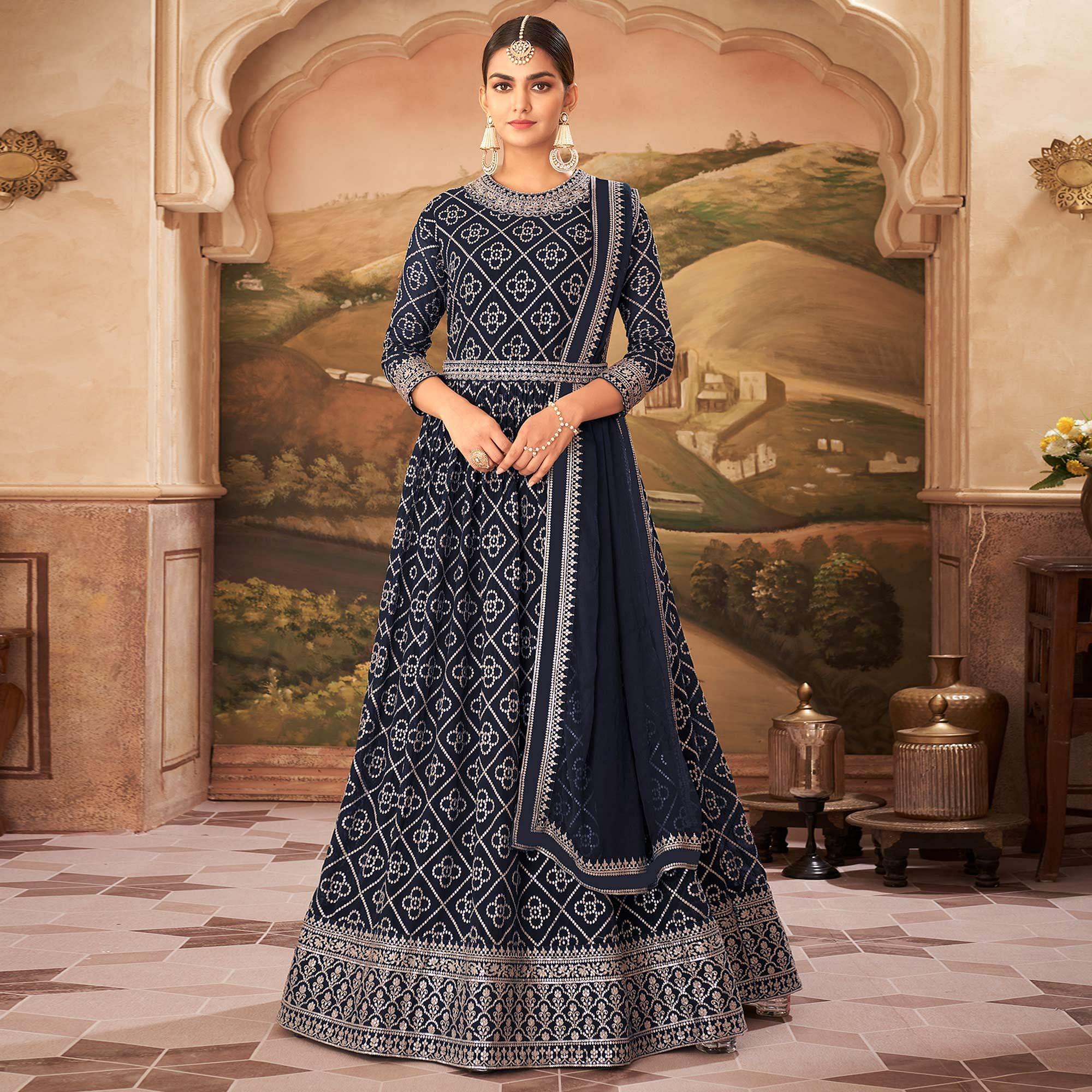 Navy Blue Partywear Sequence Embroidered Georgette Gown - Peachmode
