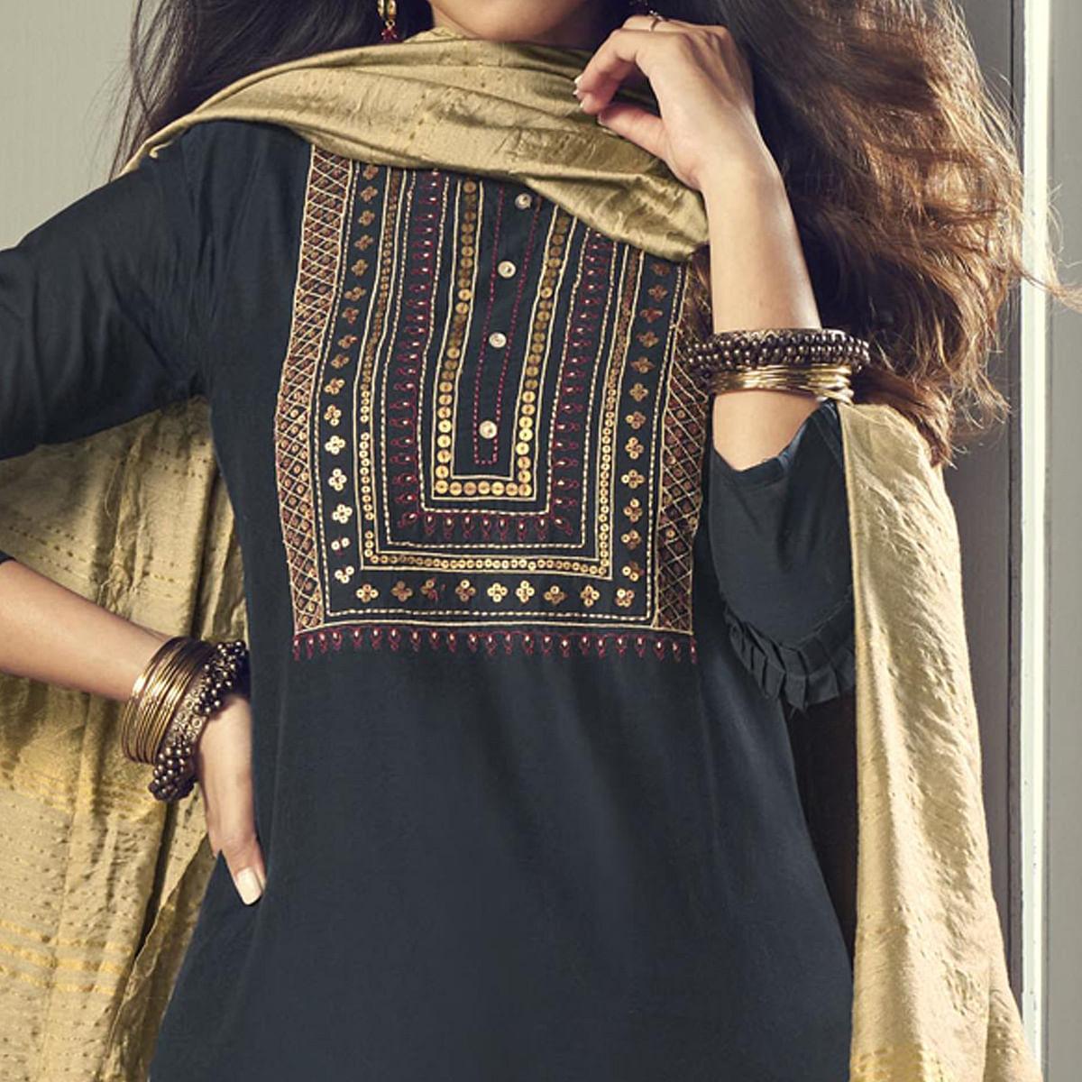 Navy Blue Partywear Sequence Pure Viscose Silk Suit - Peachmode