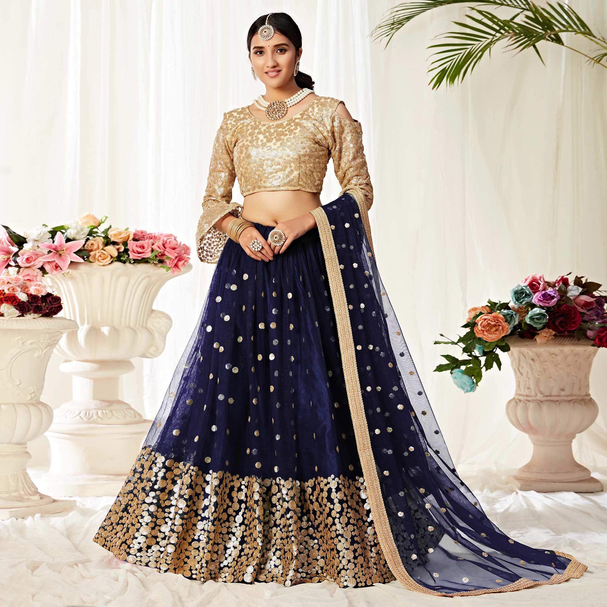 Navy Blue Partywear Sequined Embroidered Net Lehenga Choli - Peachmode