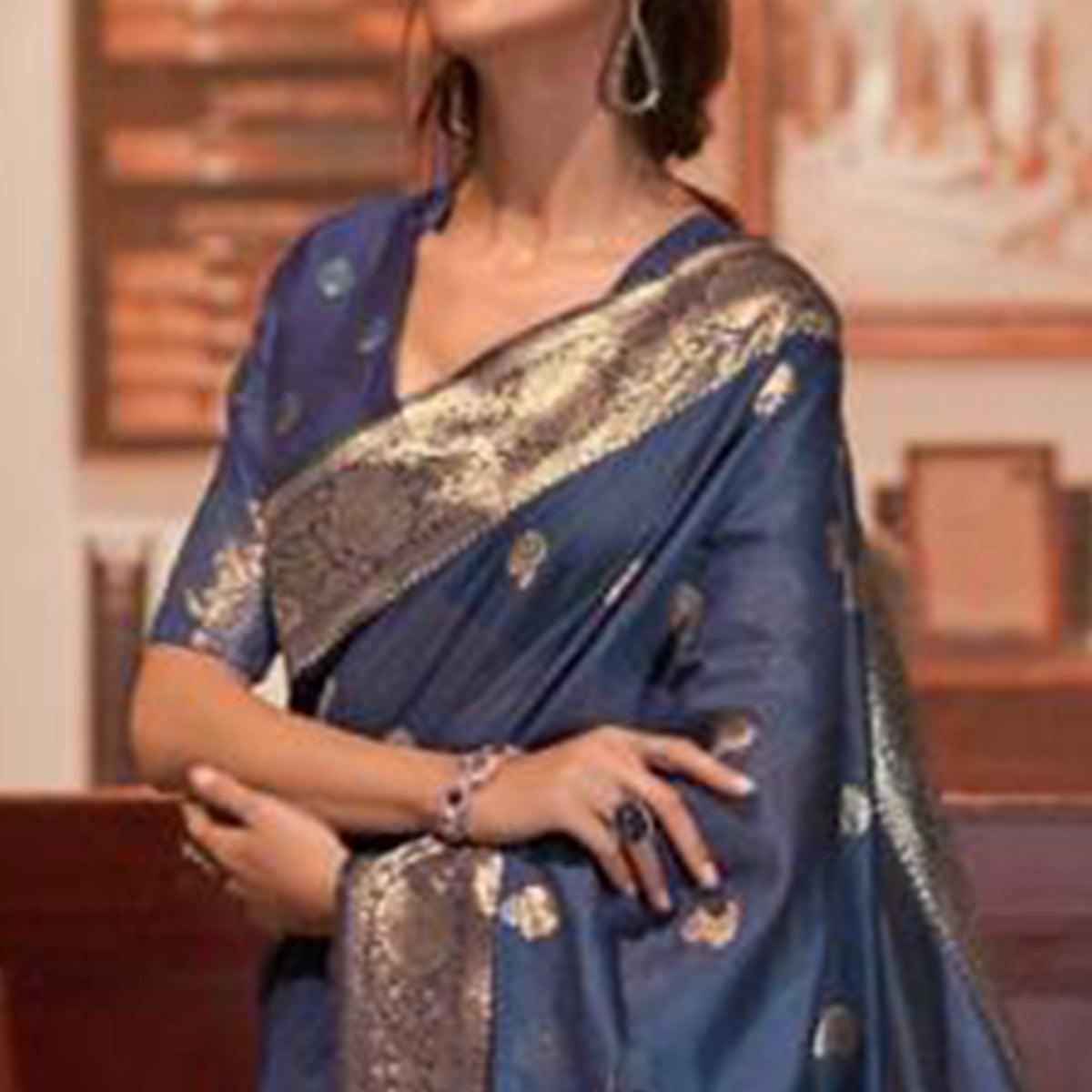 Navy Blue Partywear Woven Silk Saree - Peachmode