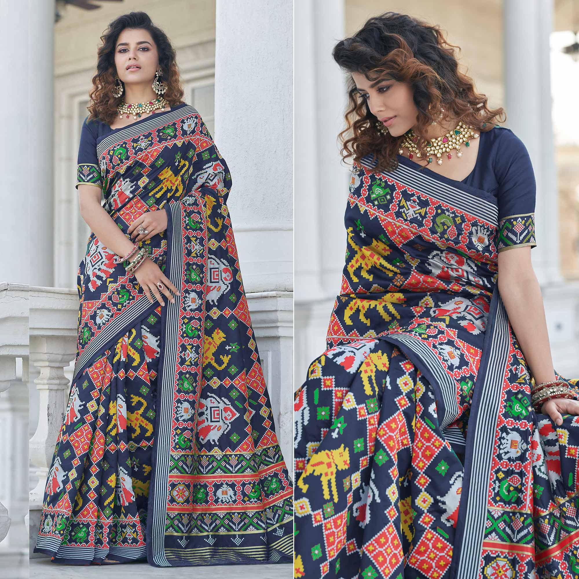Navy Blue Patola Printed Art Silk Saree - Peachmode
