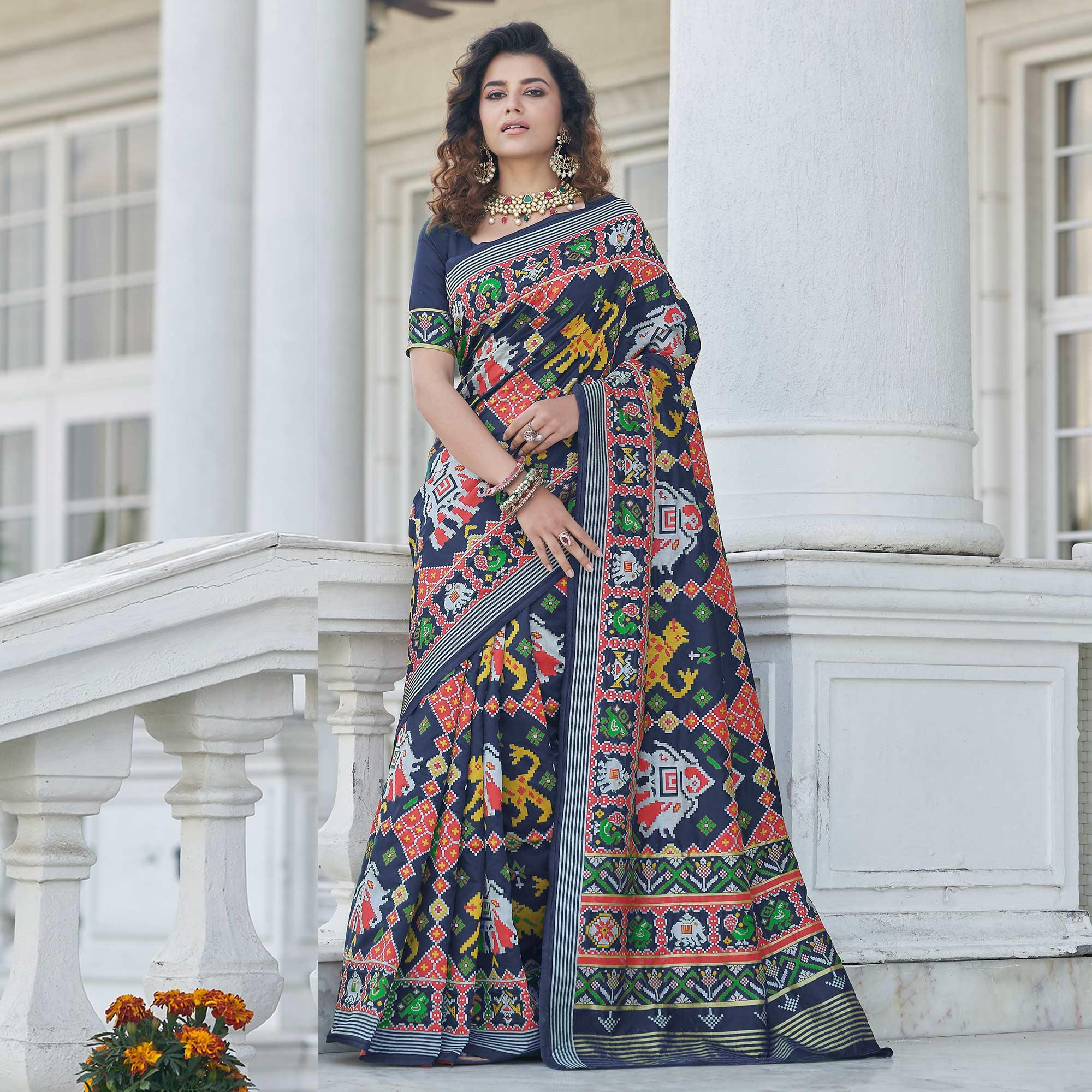 Navy Blue Patola Printed Art Silk Saree - Peachmode