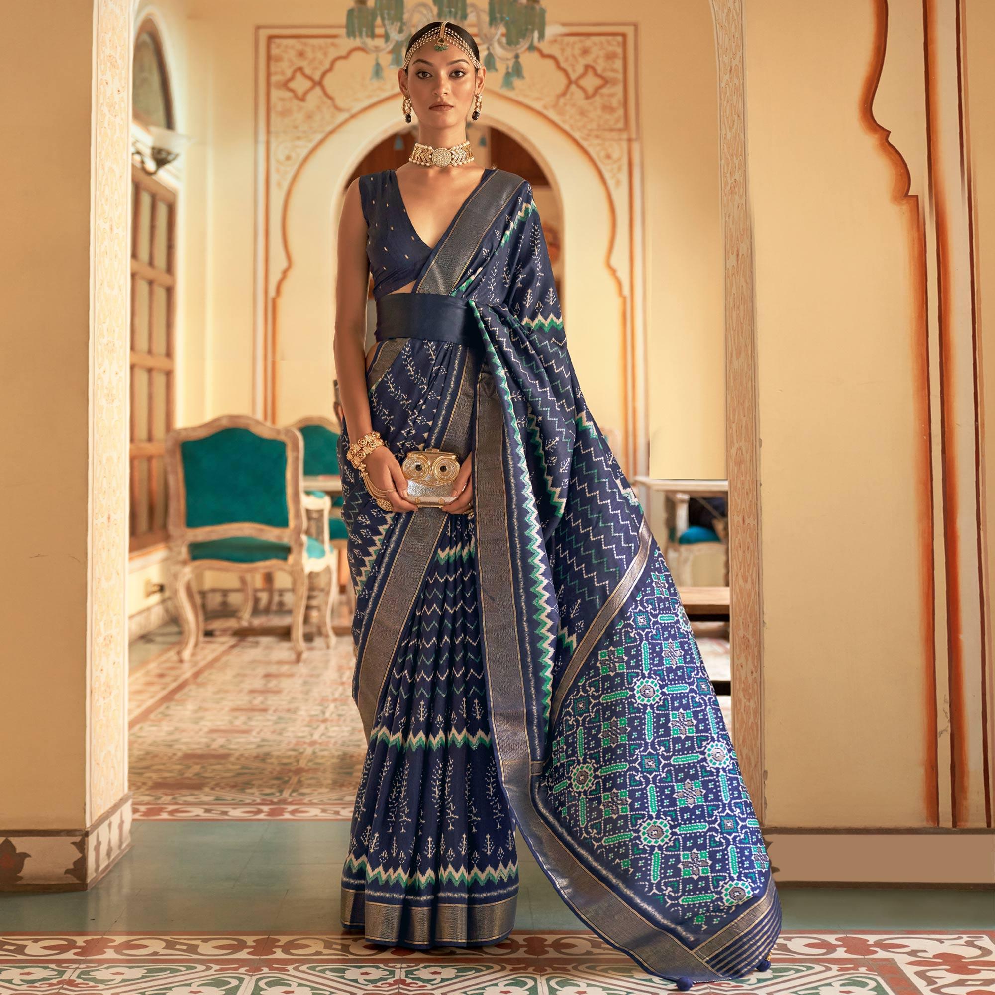 Navy Blue Patola Printed Art Silk Saree - Peachmode