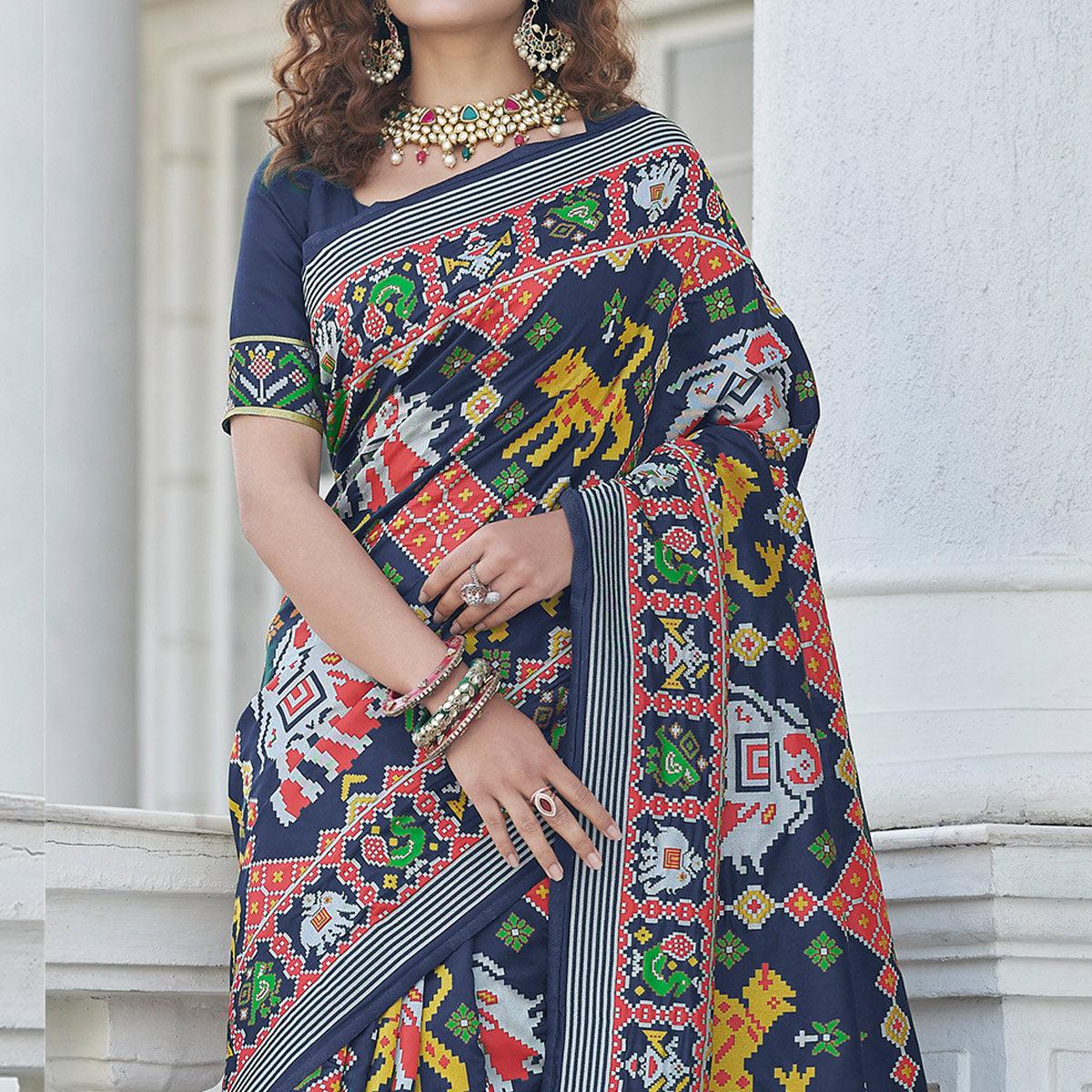 Navy Blue Patola Printed Art Silk Saree - Peachmode