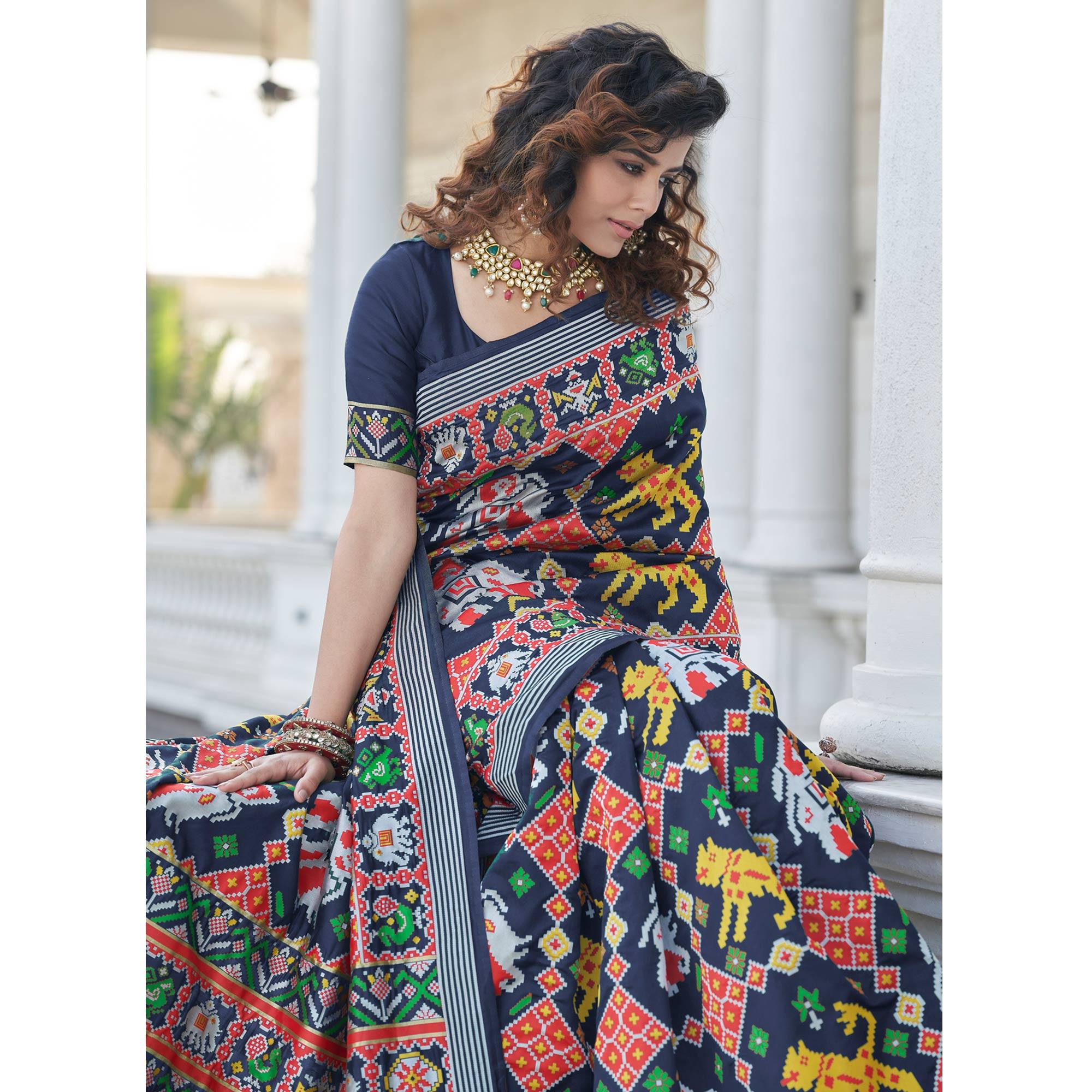 Navy Blue Patola Printed Art Silk Saree - Peachmode