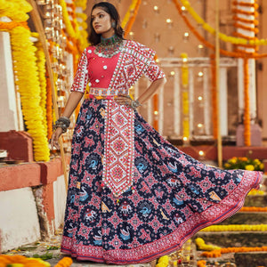 Navy Blue Patola Printed Muslin Lehenga Choli - Peachmode