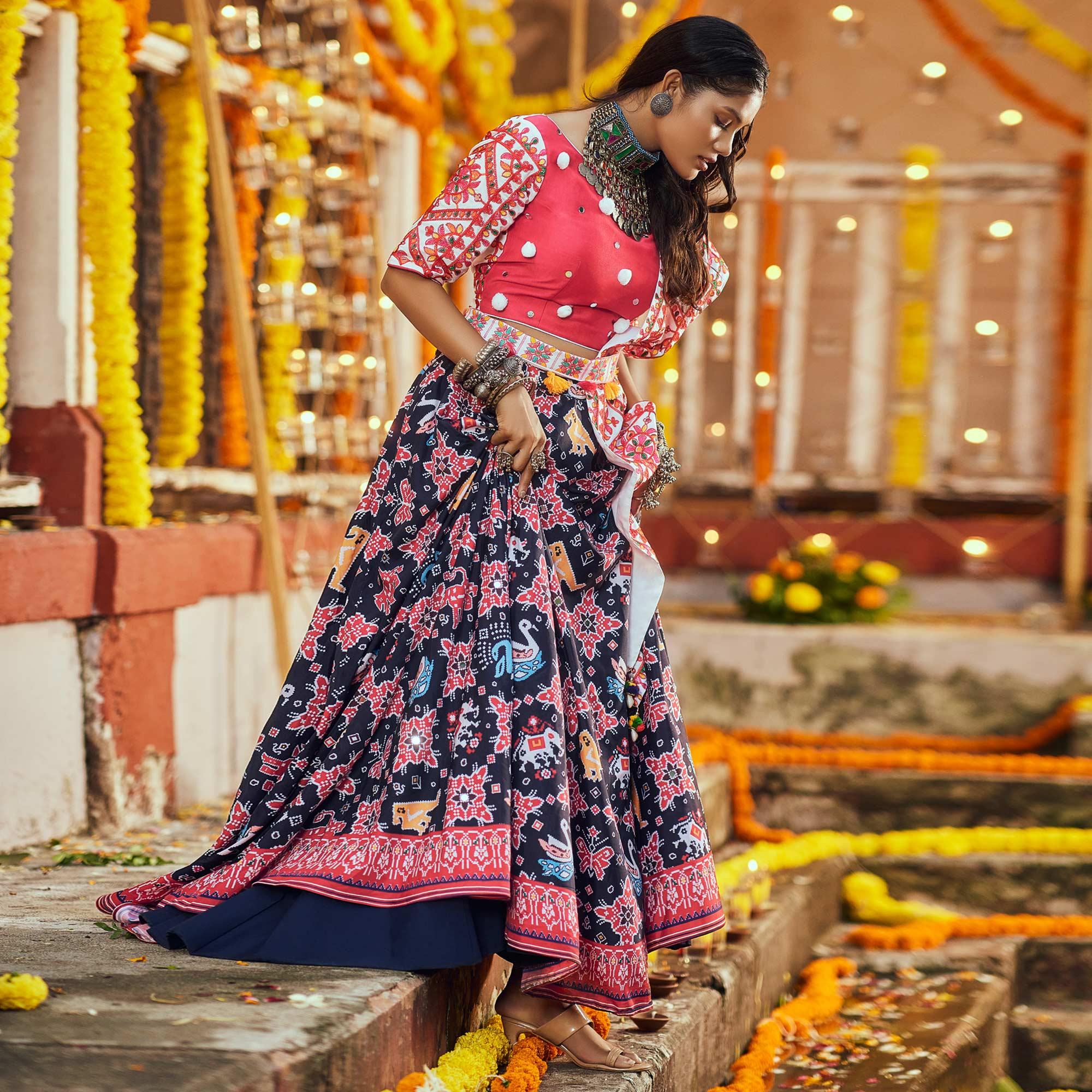 Navy Blue Patola Printed Muslin Lehenga Choli - Peachmode