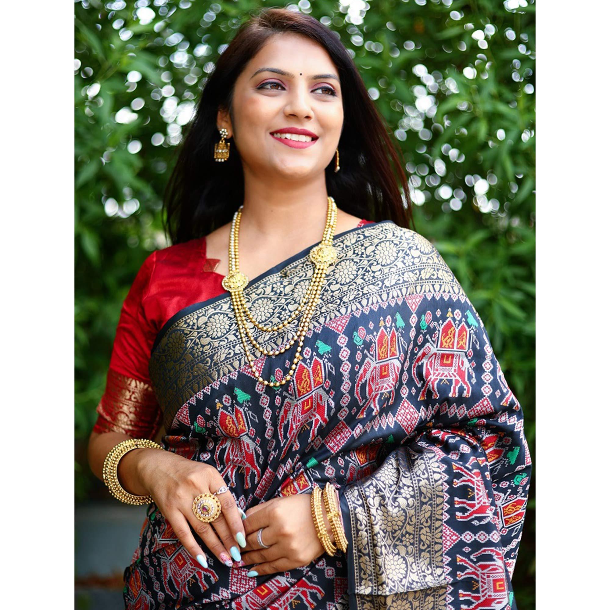 Navy Blue Patola Printed Silk Saree - Peachmode