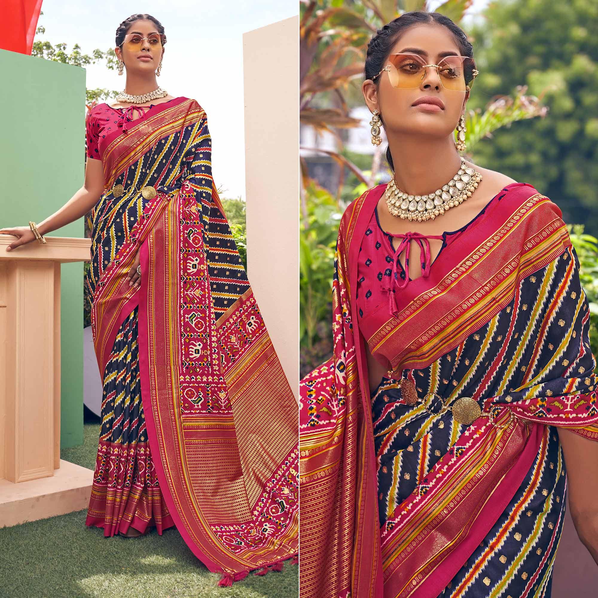 Navy Blue Patola Printed Silk Saree With Tassels - Peachmode