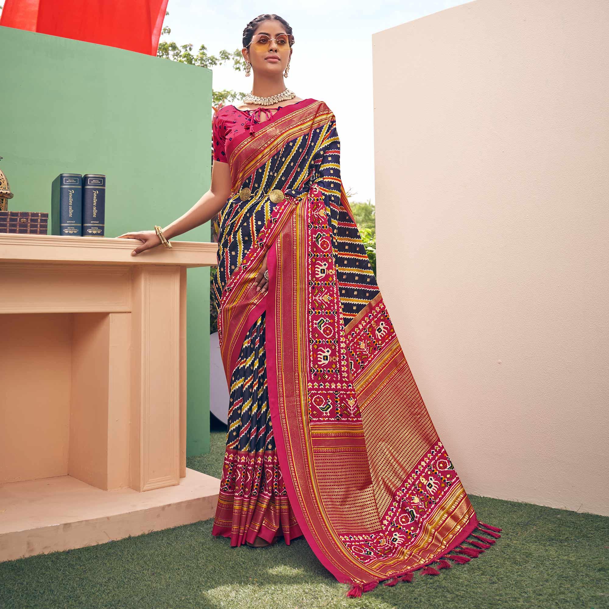 Navy Blue Patola Printed Silk Saree With Tassels - Peachmode