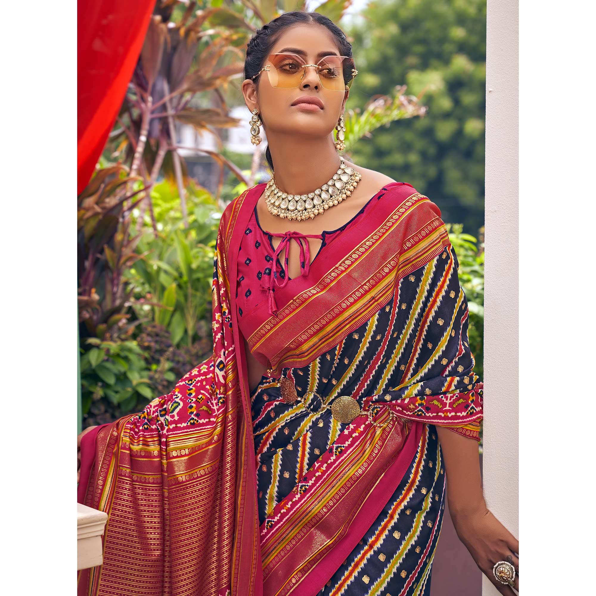 Navy Blue Patola Printed Silk Saree With Tassels - Peachmode