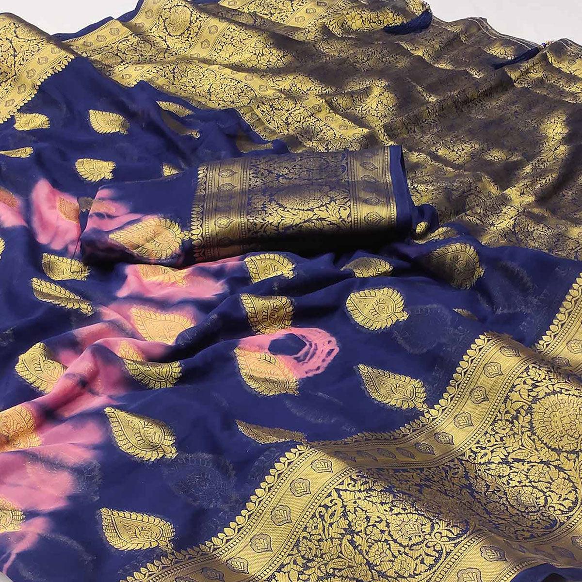 Navy Blue-Pink Woven Jacquard Saree With Tassels - Peachmode