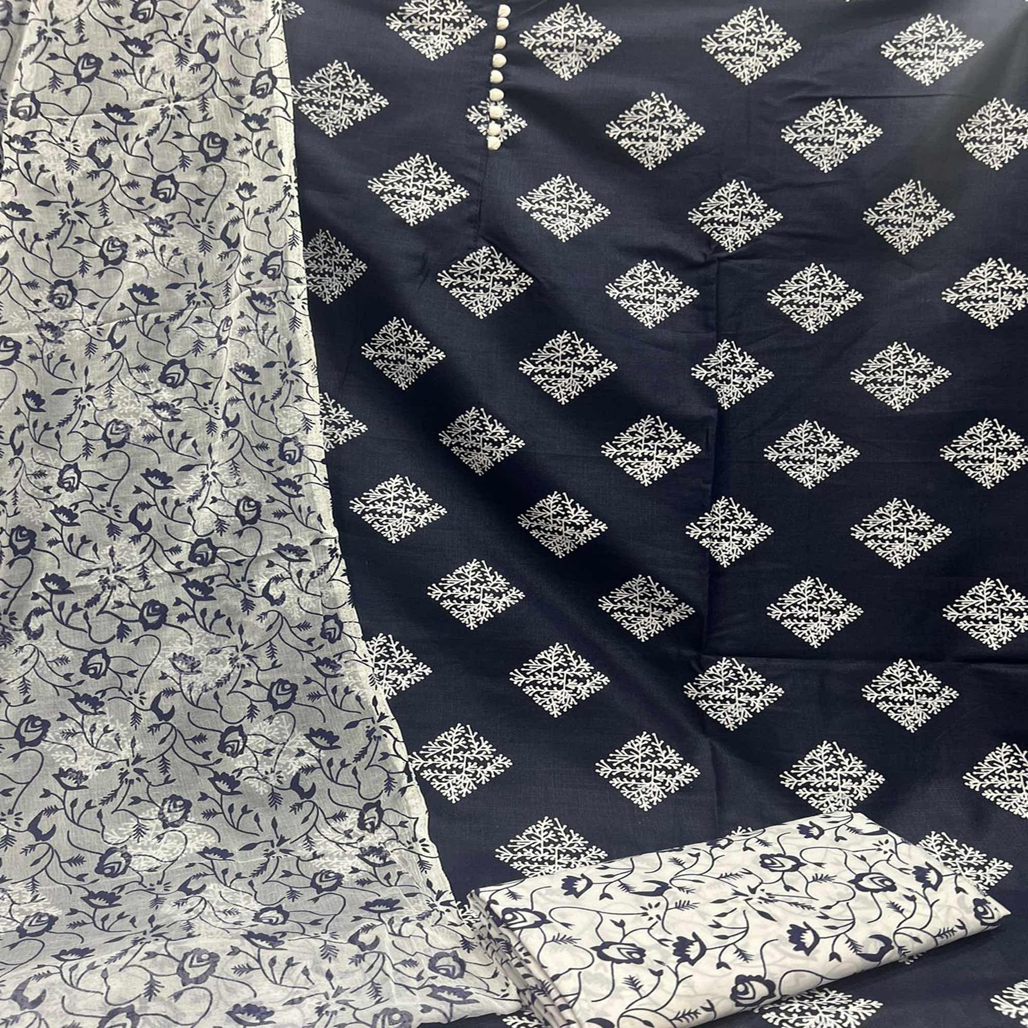 Navy Blue Printed Cotton Dress Material - Peachmode