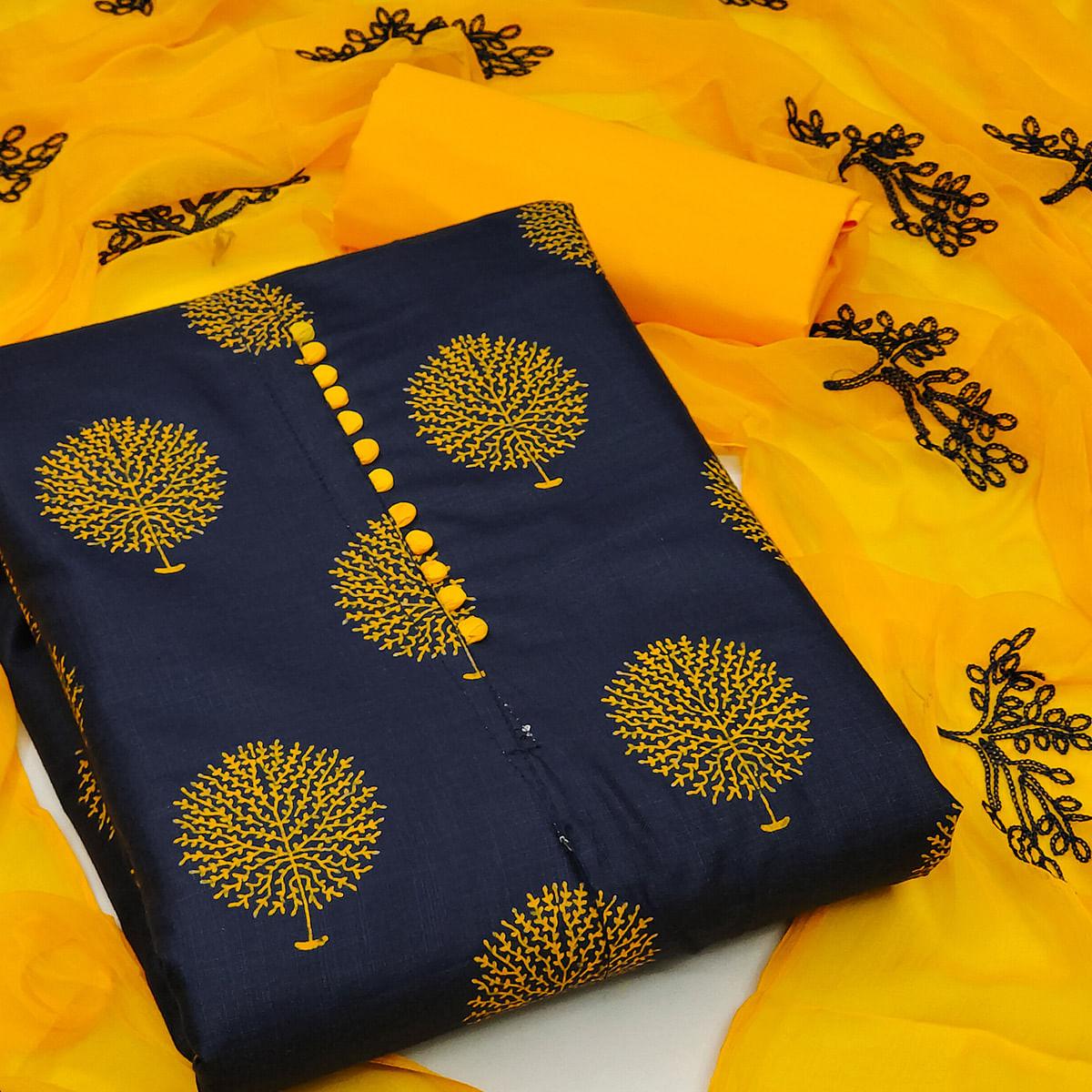 Navy Blue Printed Cotton Dress Material - Peachmode